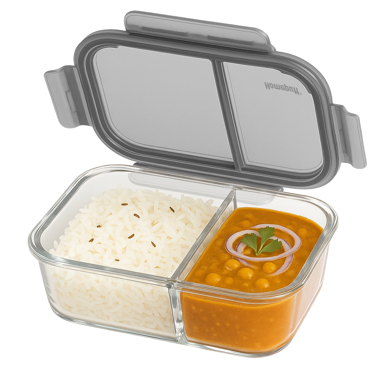 Homepuff Borosilicate Glass Lunch Box with 2 Compartments and Airtight Leak-Proof Lid