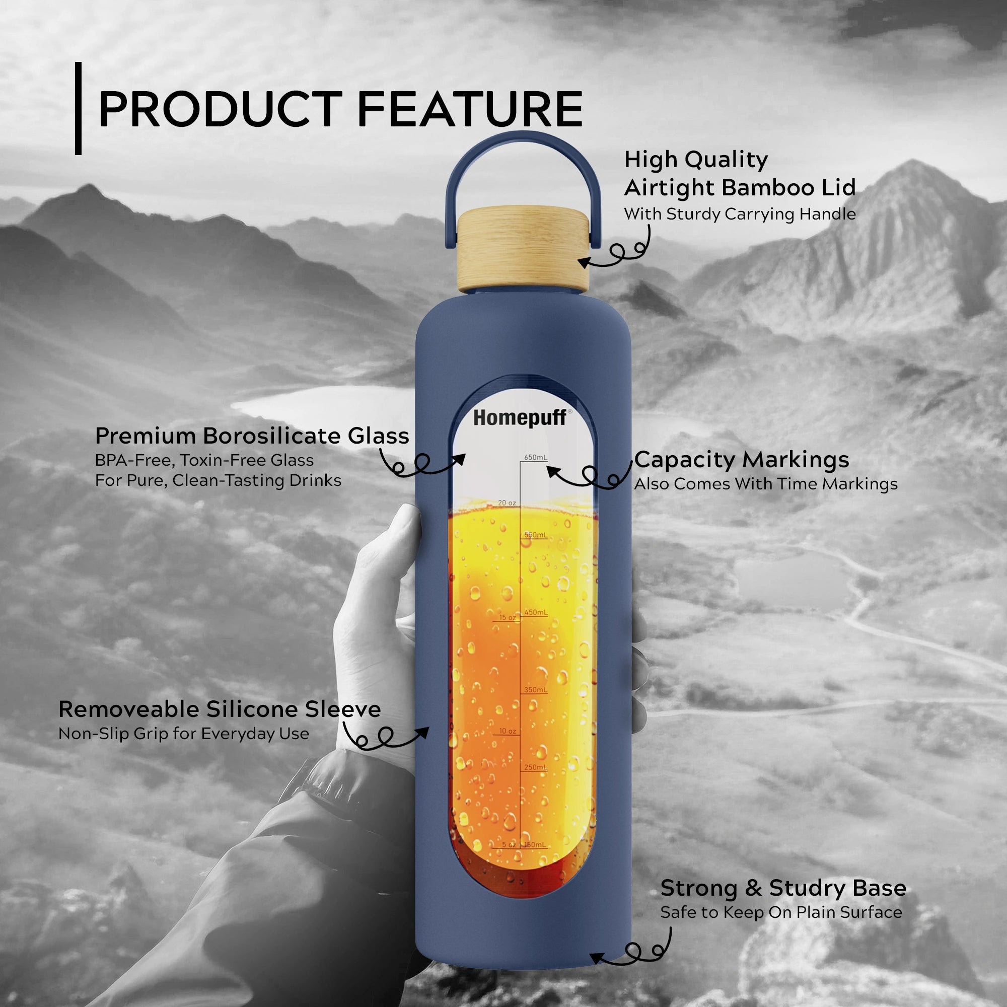 Borosilicate Glass Water Bottle 1000ml with Silicone Sleeve