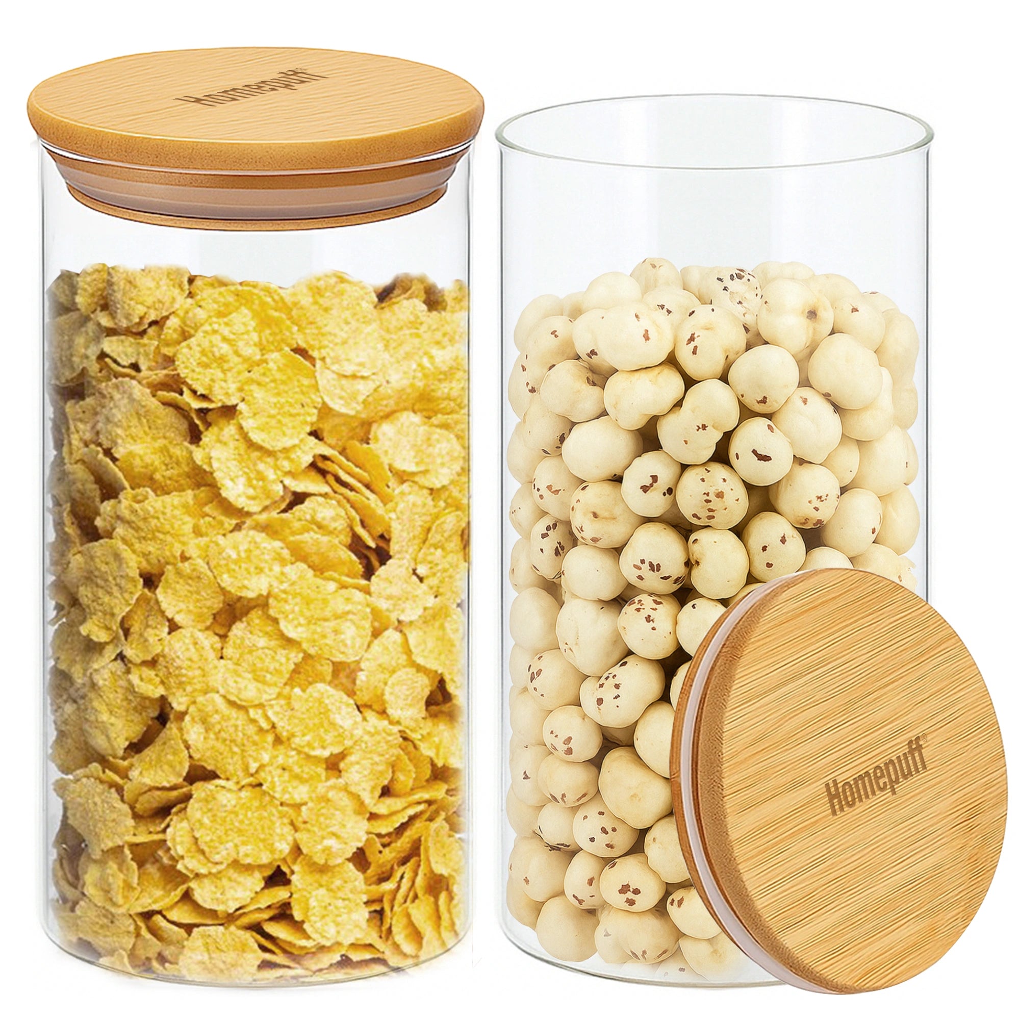 HomePuff borosilicate glass canisters set 750ml with airtight bamboo lids for pantry food storage