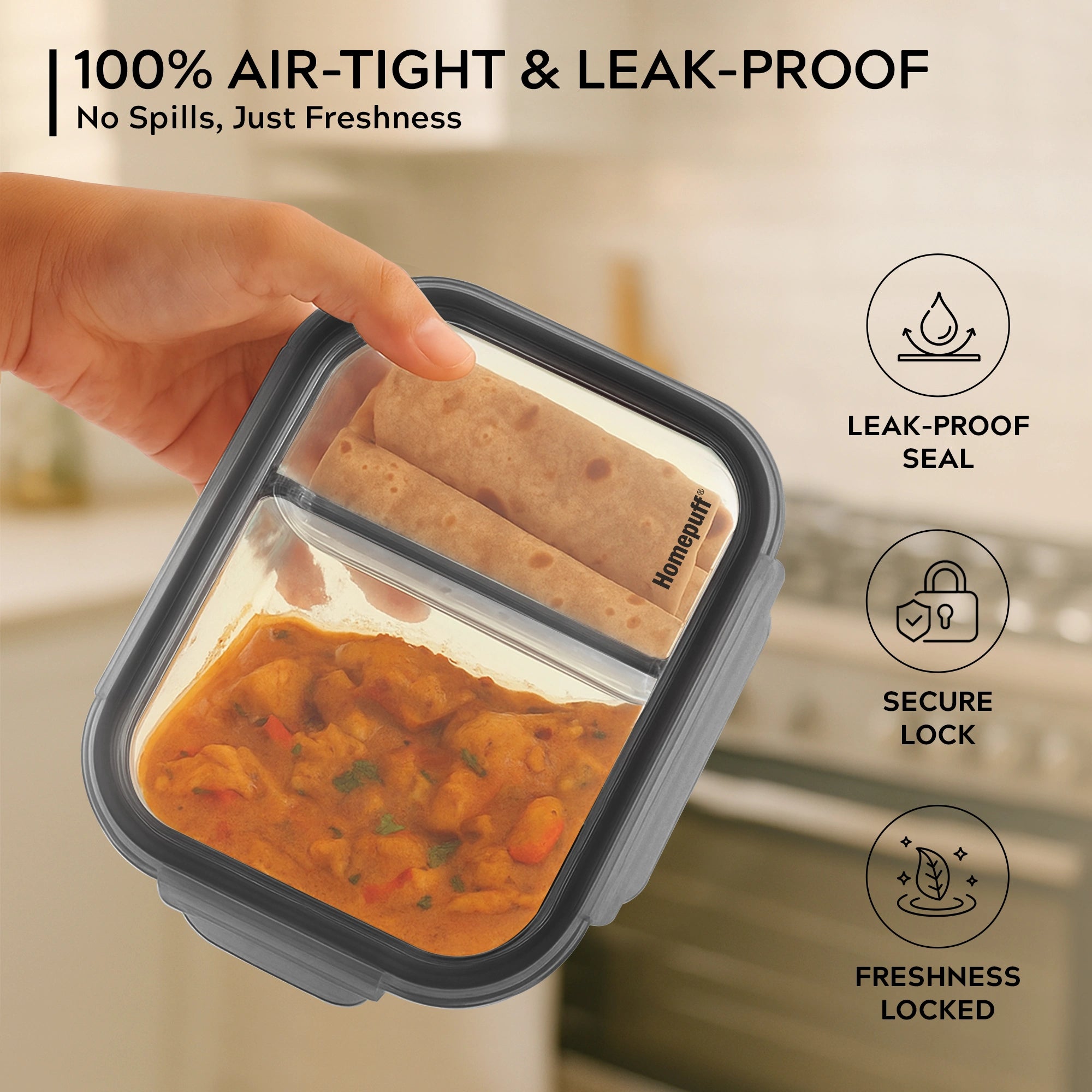 Homepuff Borosilicate Glass Lunch Box with 2 Compartments and Airtight Leak-Proof Lid