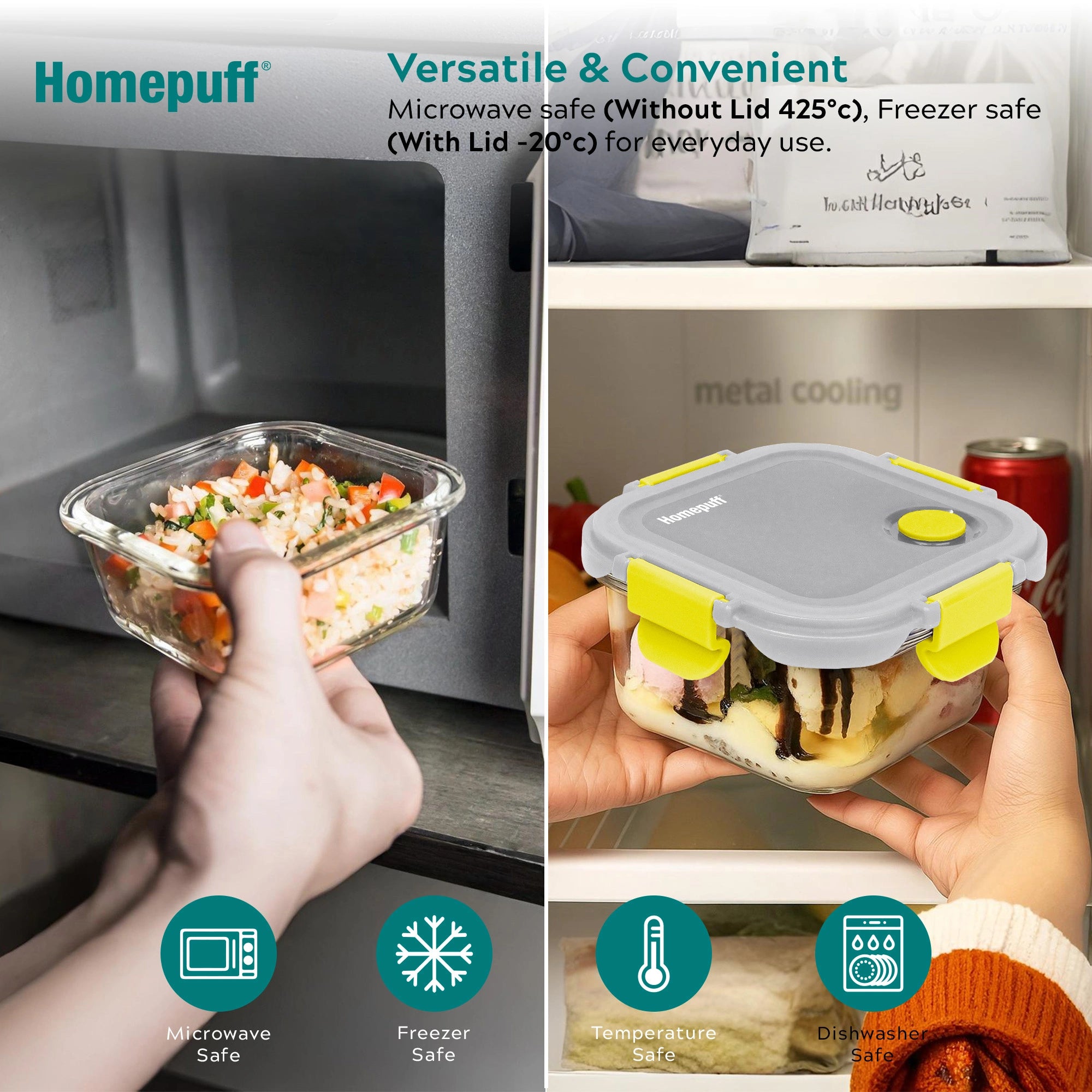 Home Puff borosilicate glass lunch box 320ml with airtight snap lock lid and air vent  - grey