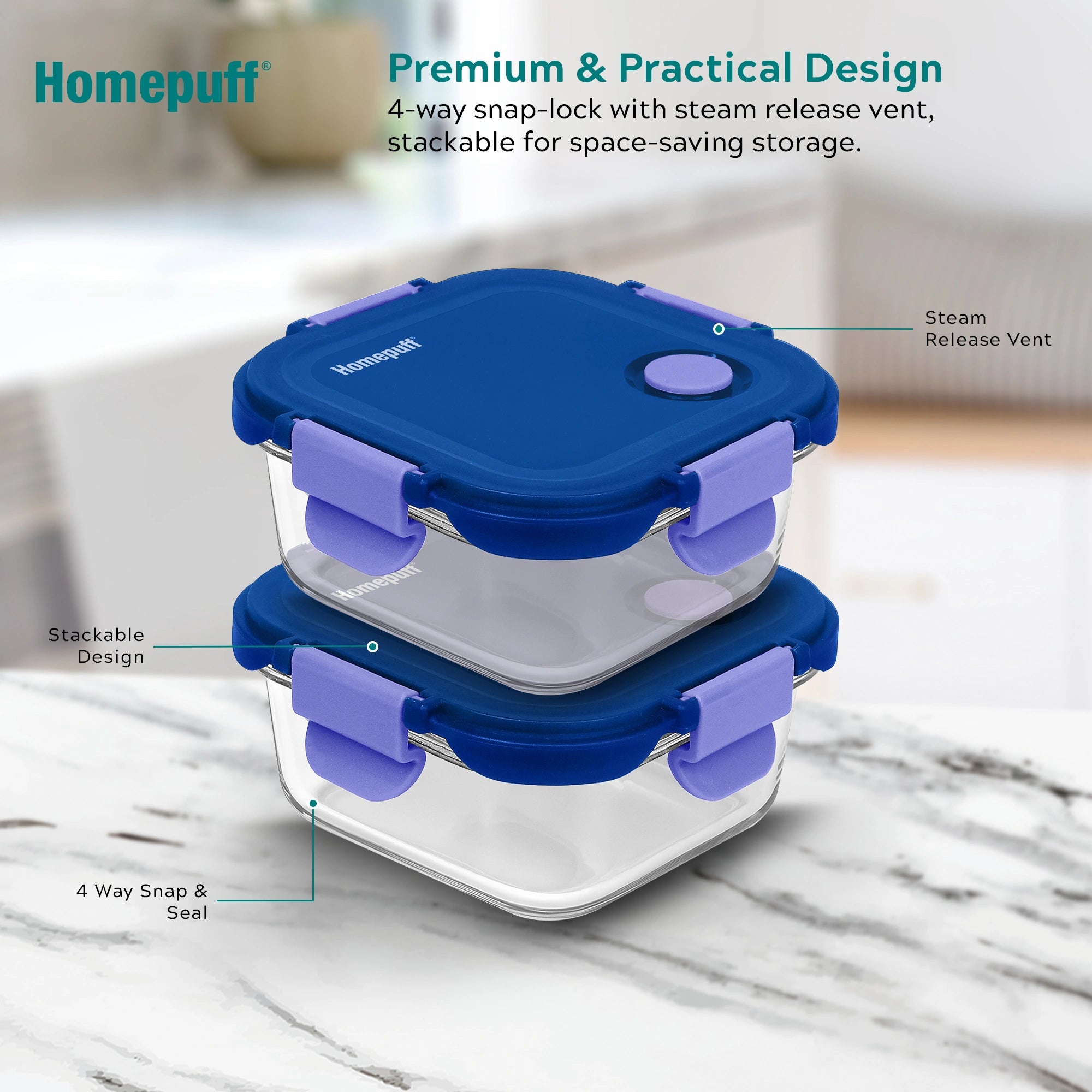 Eco-friendly BPA-free borosilicate glass lunch box for office, school, and meal prep - Blue