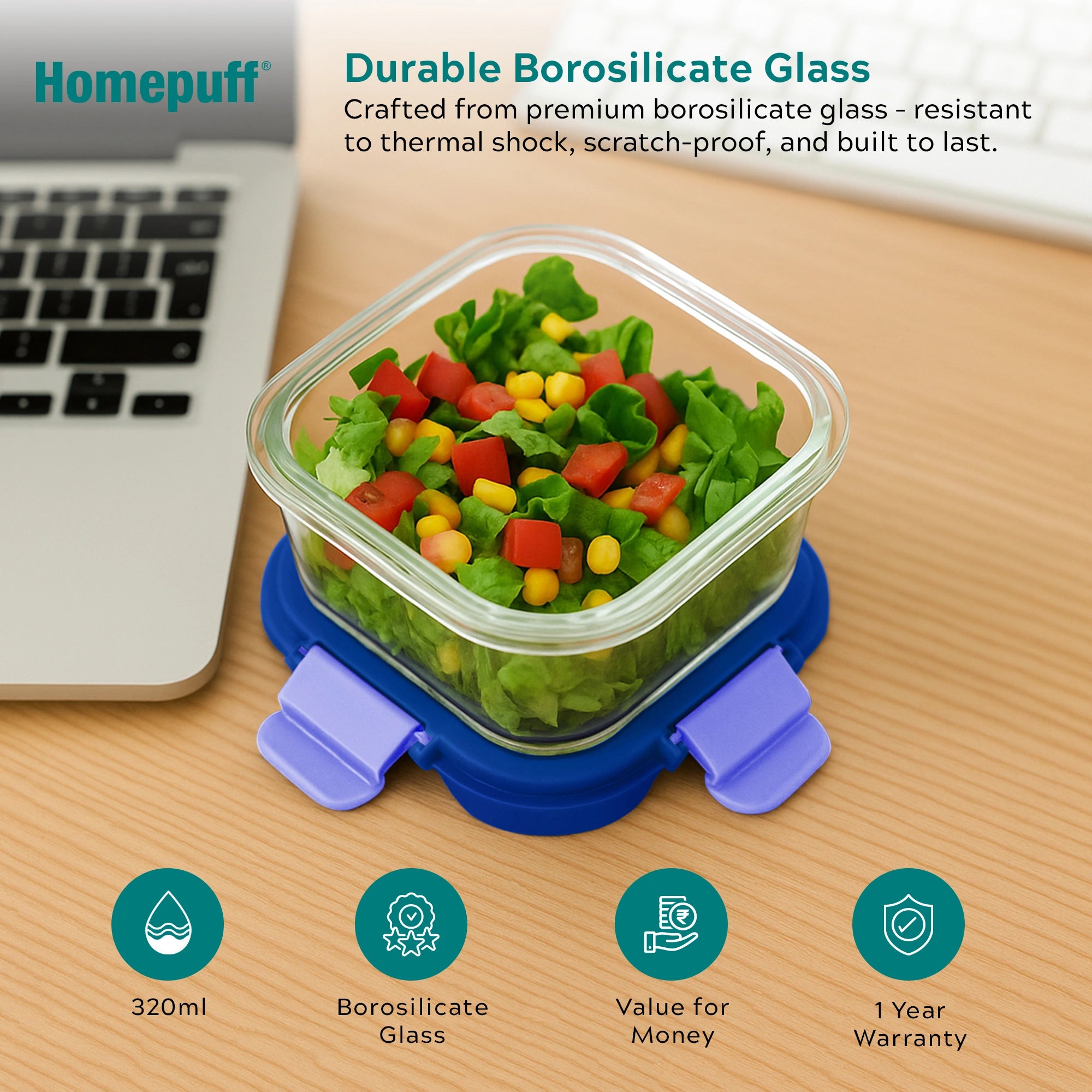 Eco-friendly BPA-free borosilicate glass lunch box for office, school, and meal prep - Blue