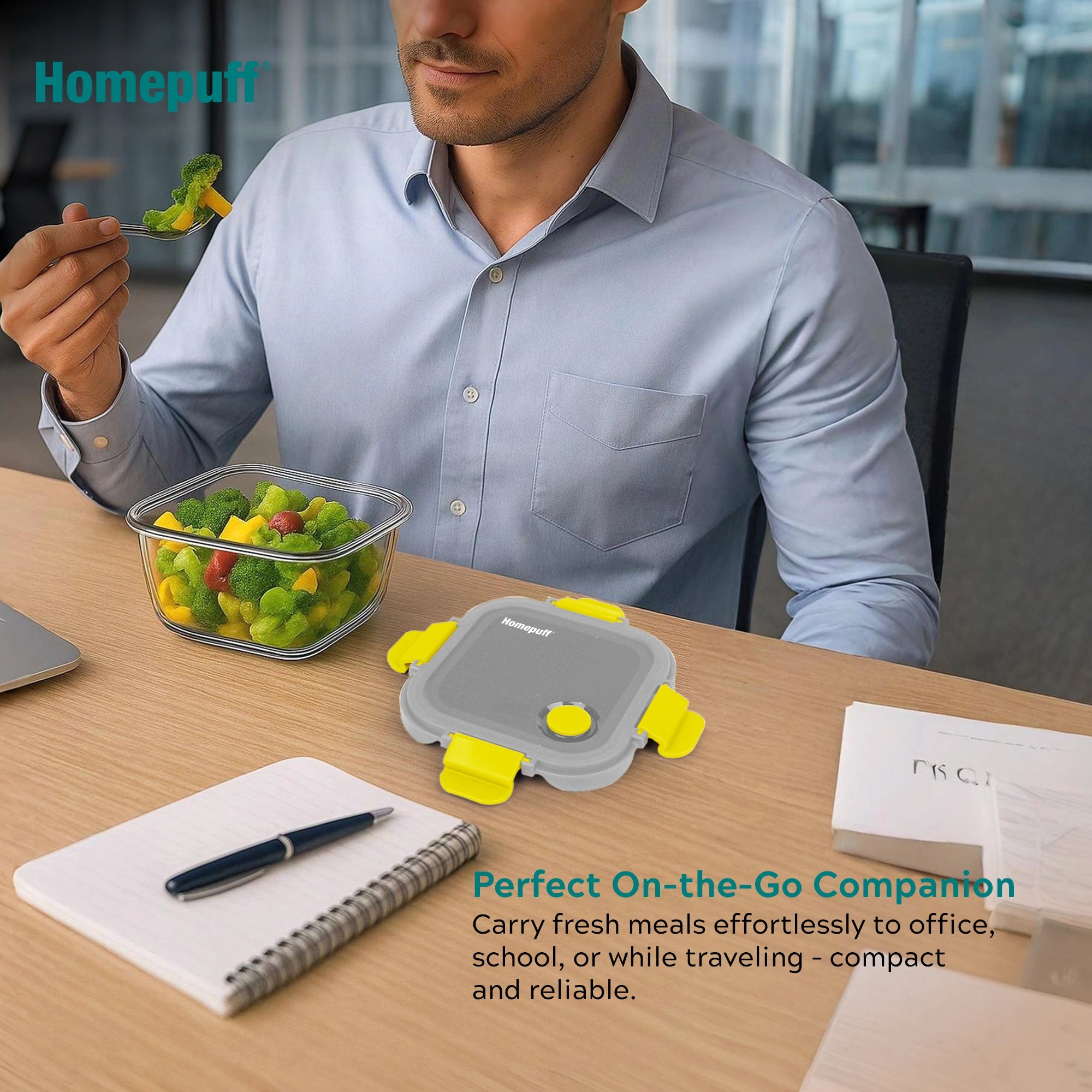 Home Puff borosilicate glass lunch box 320ml with airtight snap lock lid and air vent - grey