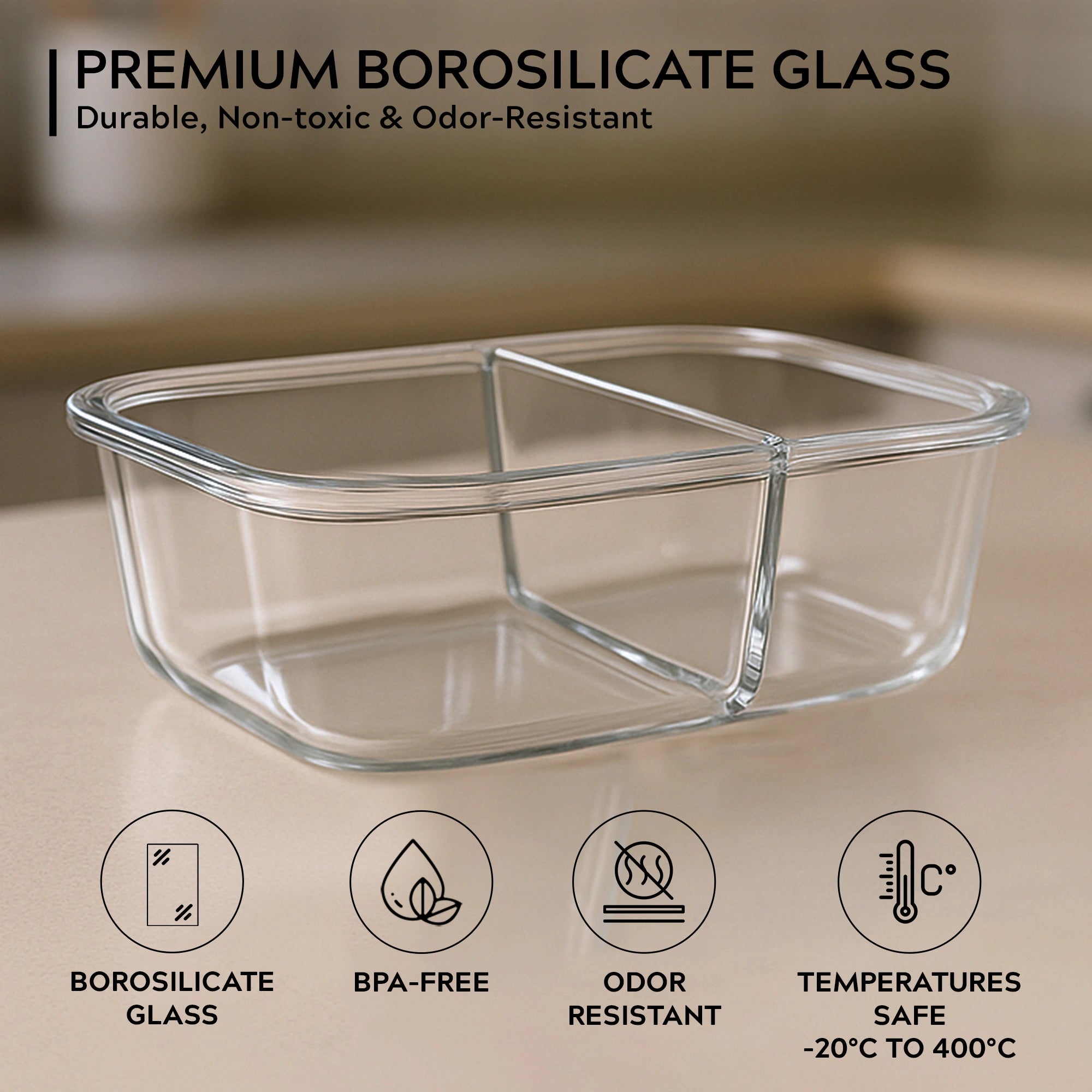 Homepuff Borosilicate Glass Lunch Box with 2 Compartments and Airtight Leak-Proof Lid