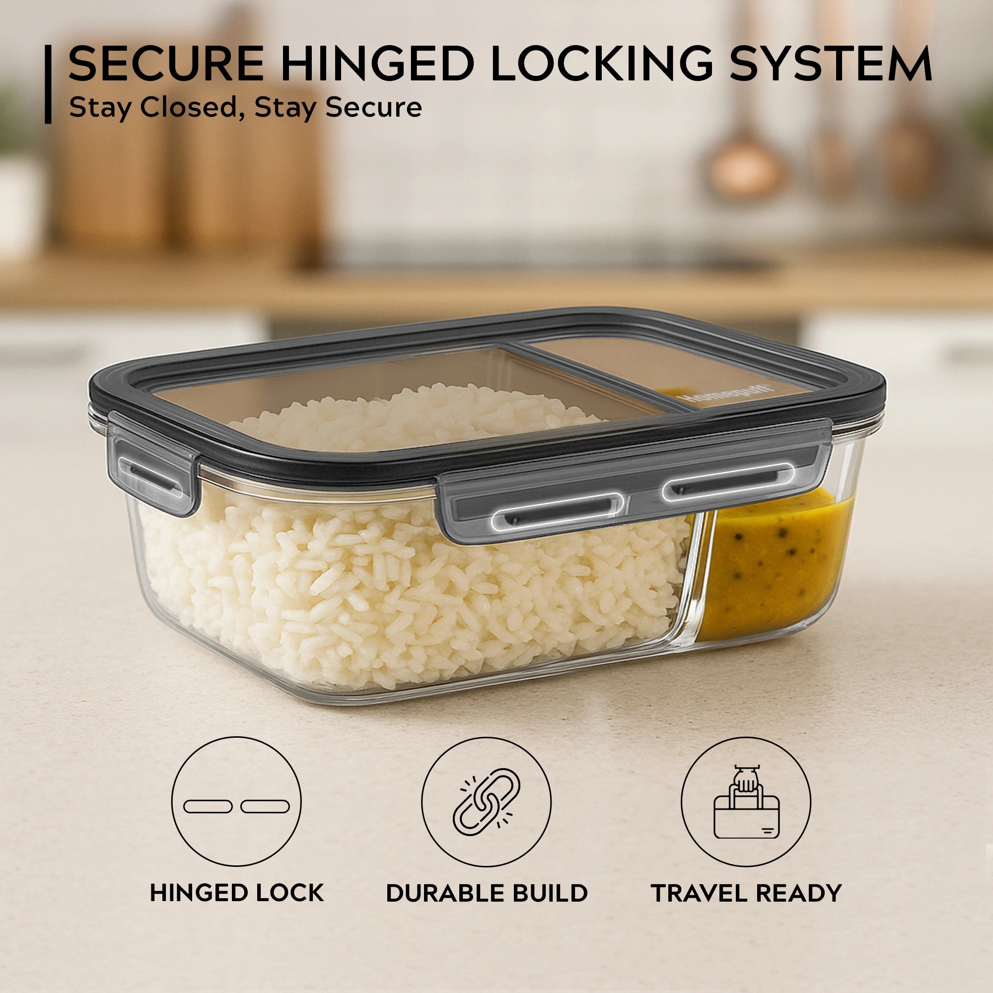 Homepuff Borosilicate Glass Lunch Box with 2 Compartments and Airtight Leak-Proof Lid