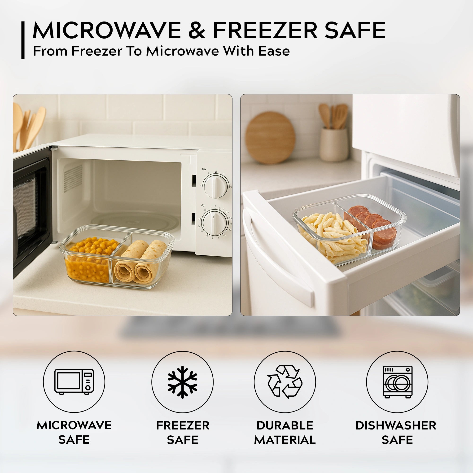 Homepuff Borosilicate Glass Lunch Box with 2 Compartments and Airtight Leak-Proof Lid