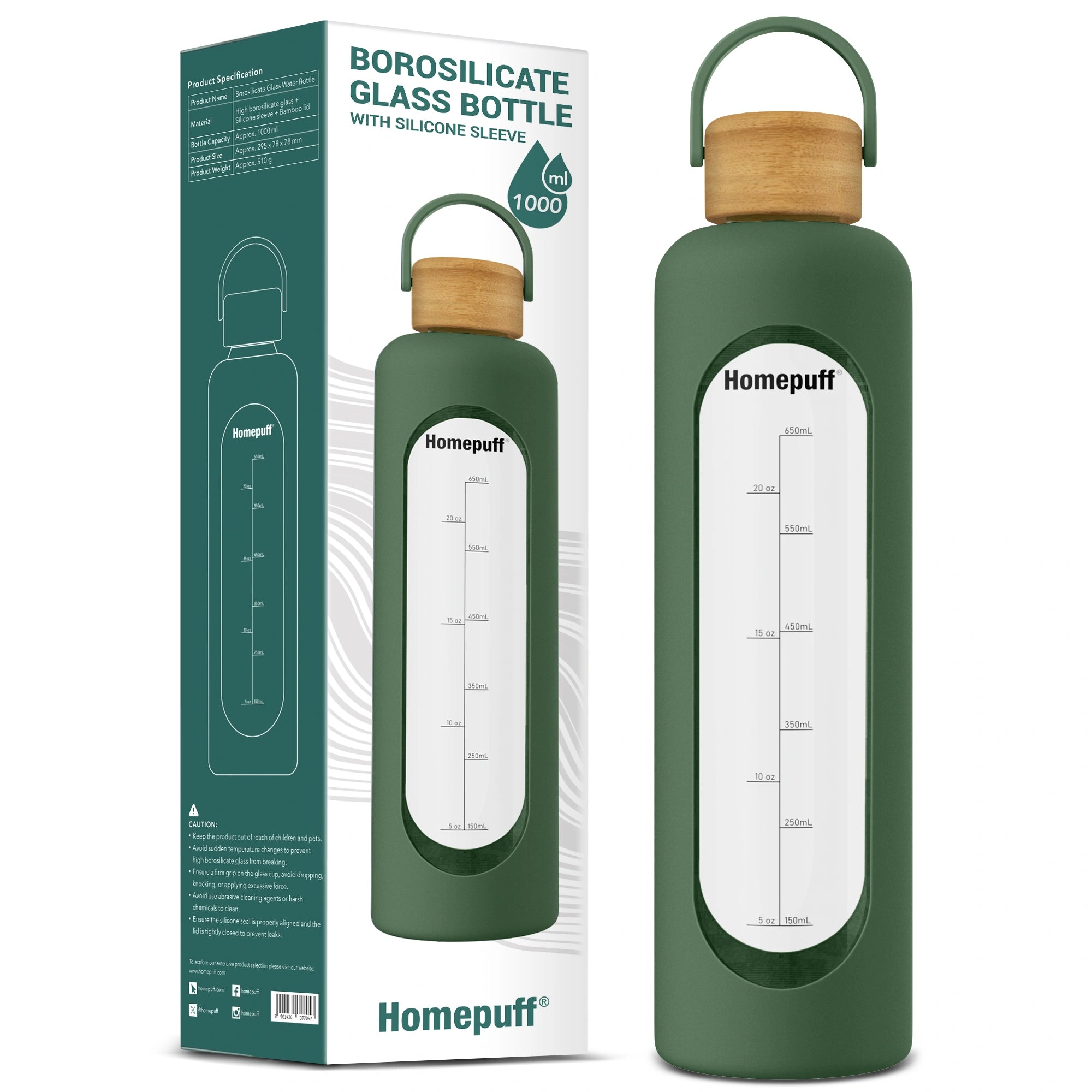 HomePuff borosilicate glass water bottle 1000ml with silicone sleeve
