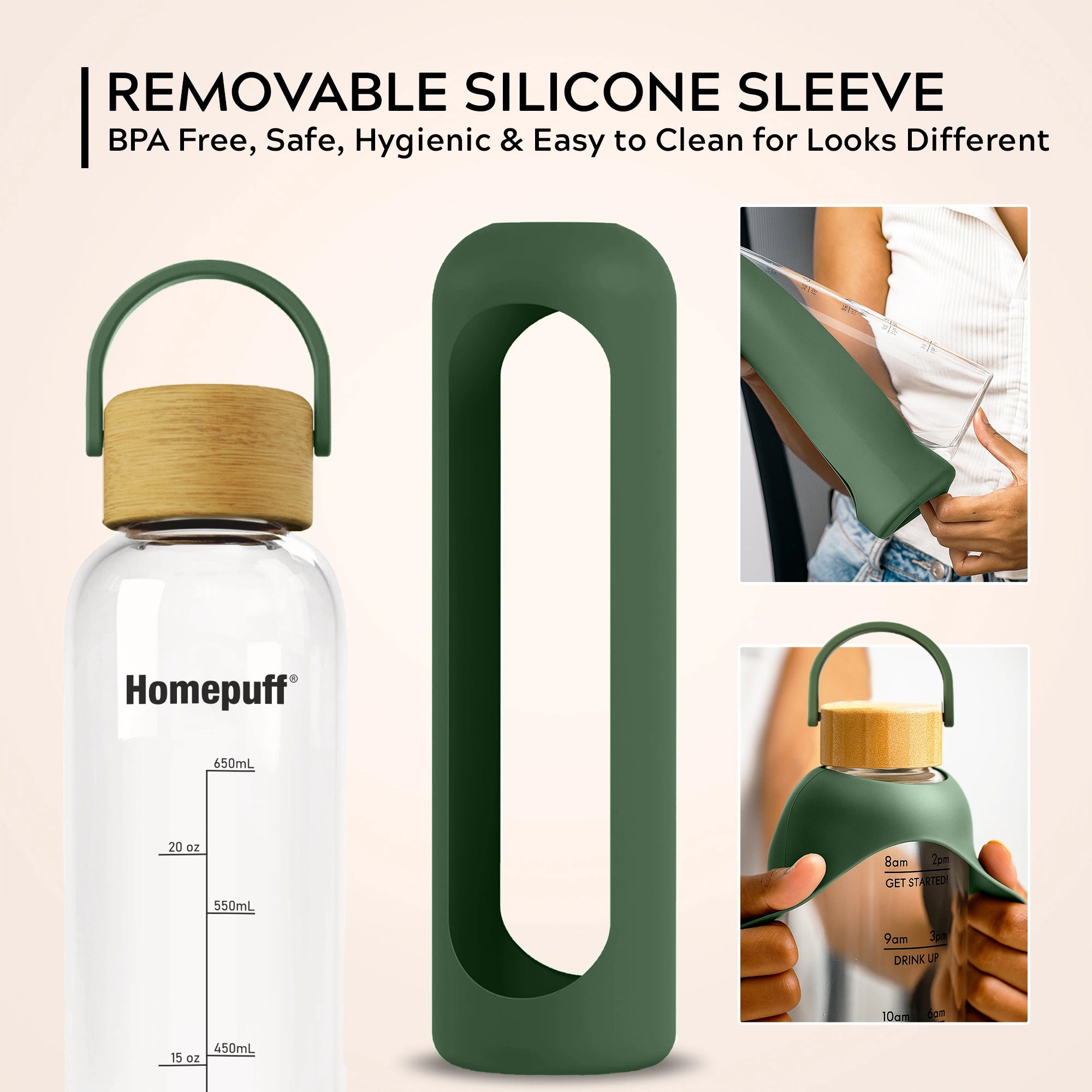 HomePuff borosilicate glass water bottle 1000ml with silicone sleeve