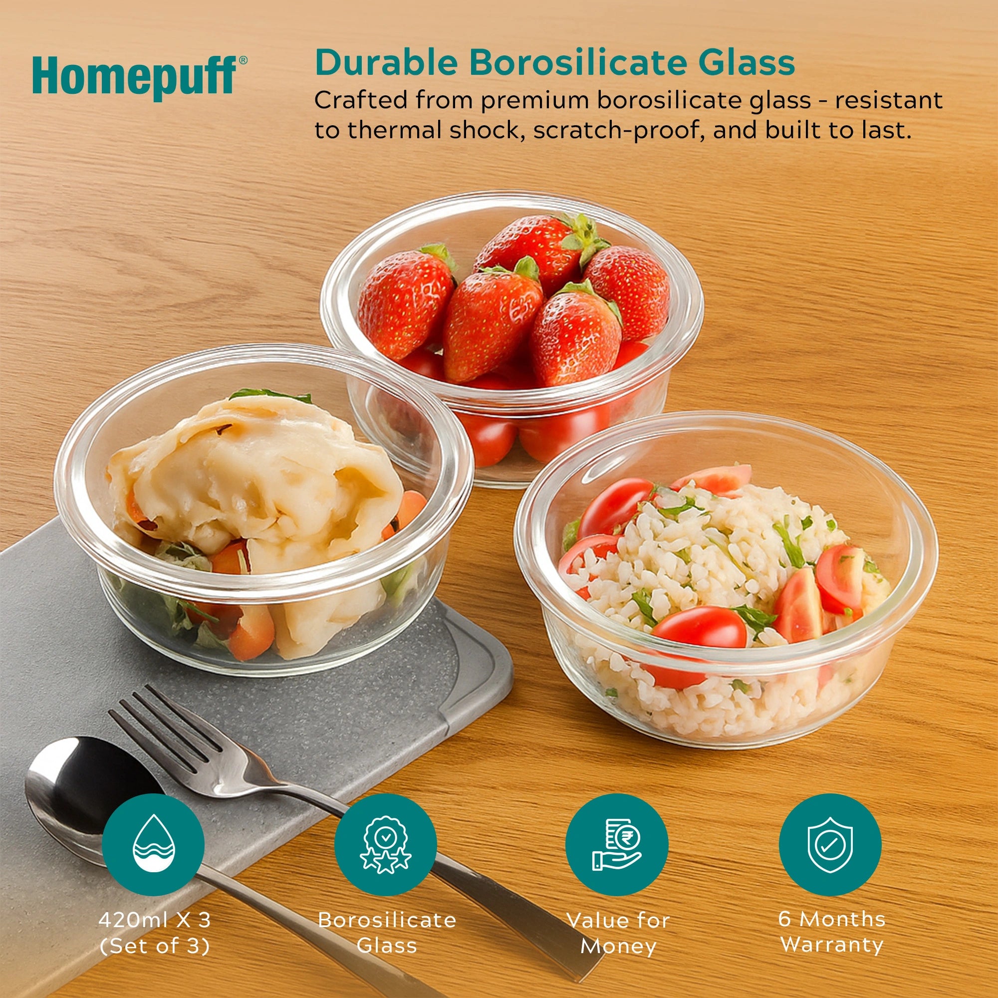 Borosilicate Glass Lunch Box Set of 3 (420 ml) with Airtight Leakproof Lid
