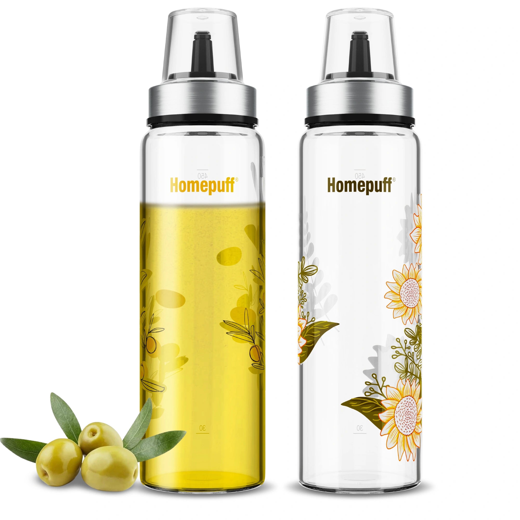 HomePuff borosilicate oil dispenser bottle set 500ml with floral design for kitchen cooking oils and vinegar