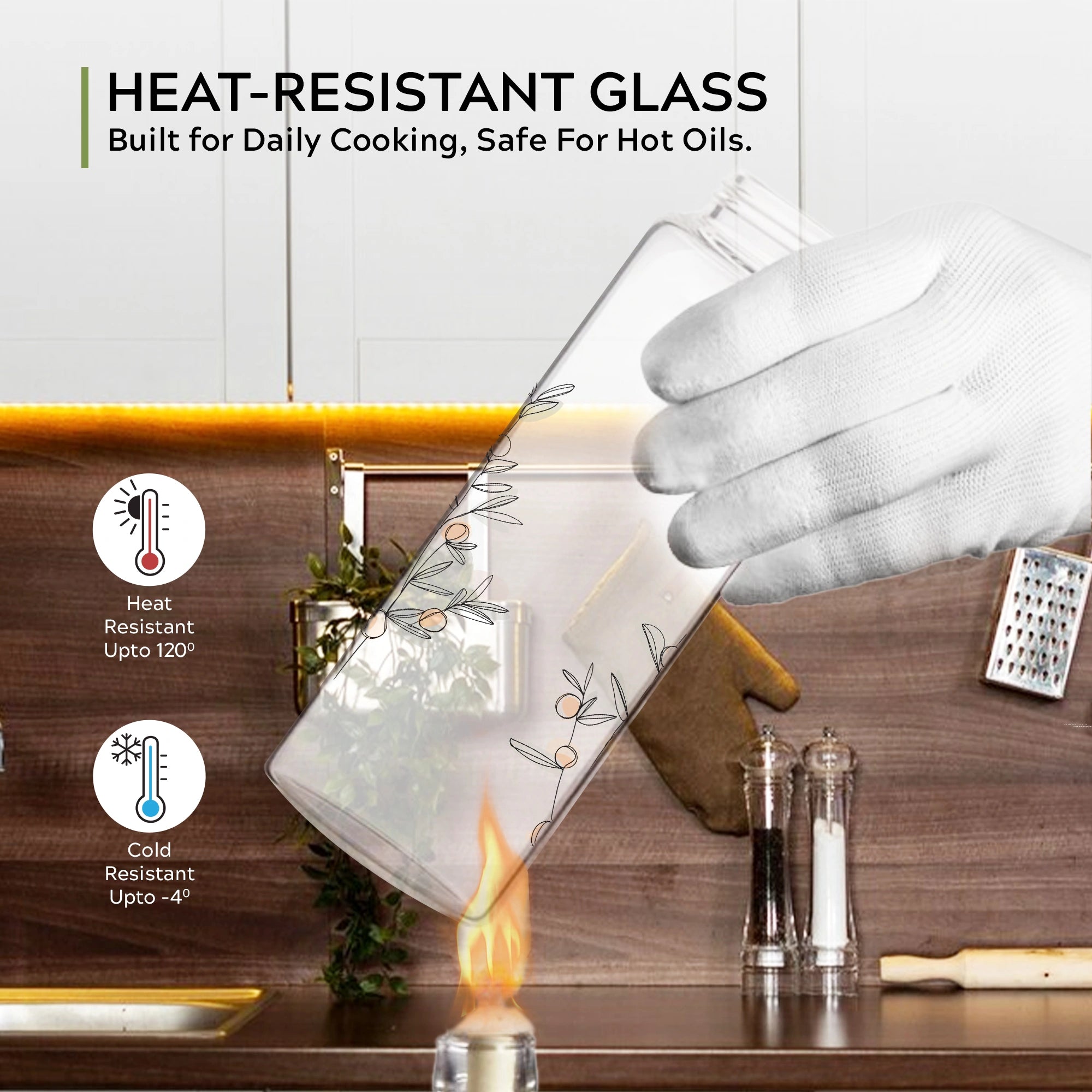 HomePuff borosilicate oil dispenser bottle set 500ml with floral design for kitchen cooking oils and vinegar