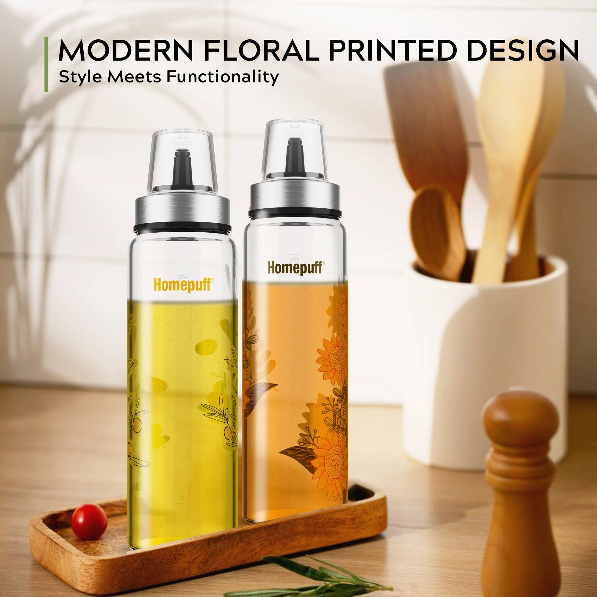 HomePuff borosilicate oil dispenser bottle set 500ml with floral design for kitchen cooking oils and vinegar