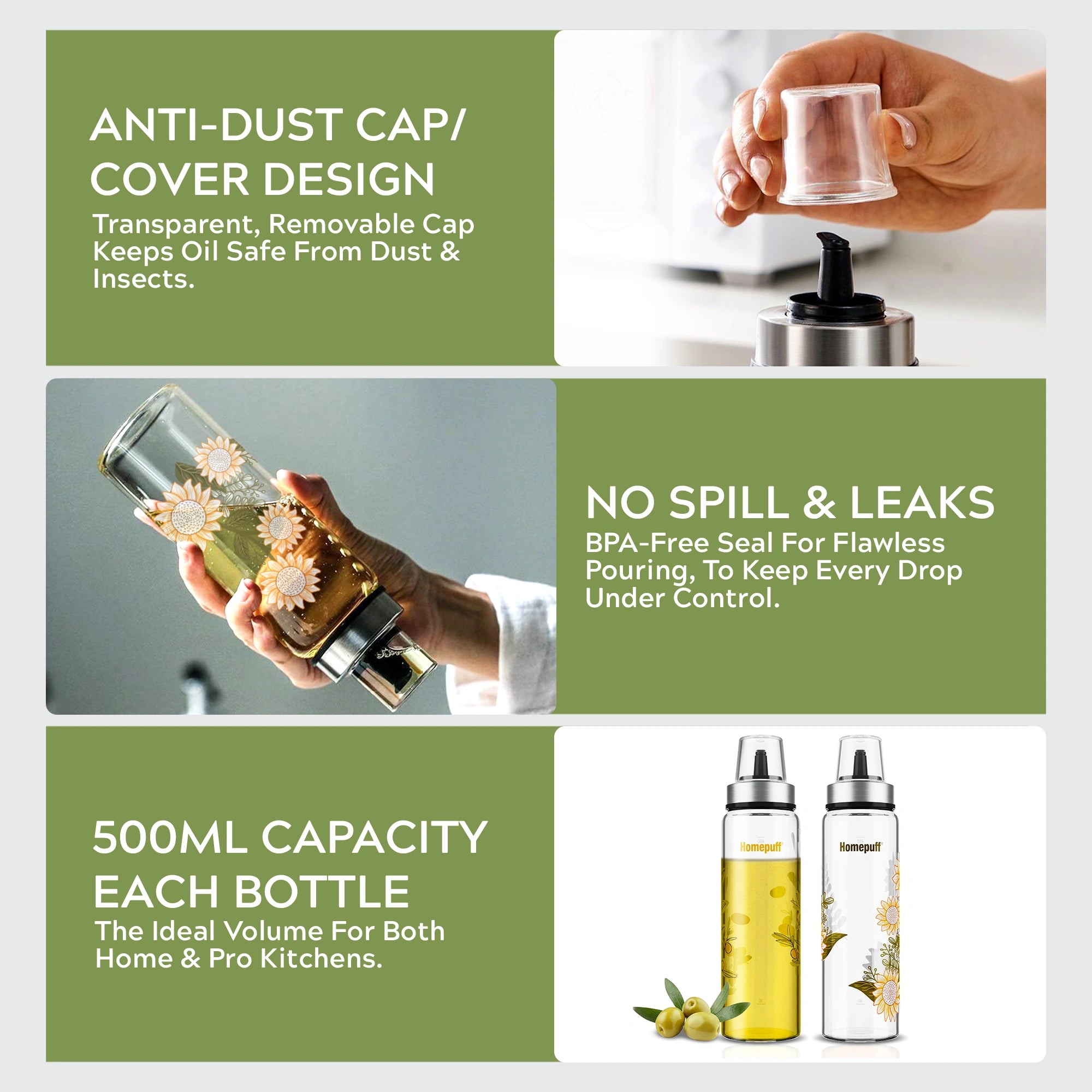 HomePuff borosilicate oil dispenser bottle set 500ml with floral design for kitchen cooking oils and vinegar