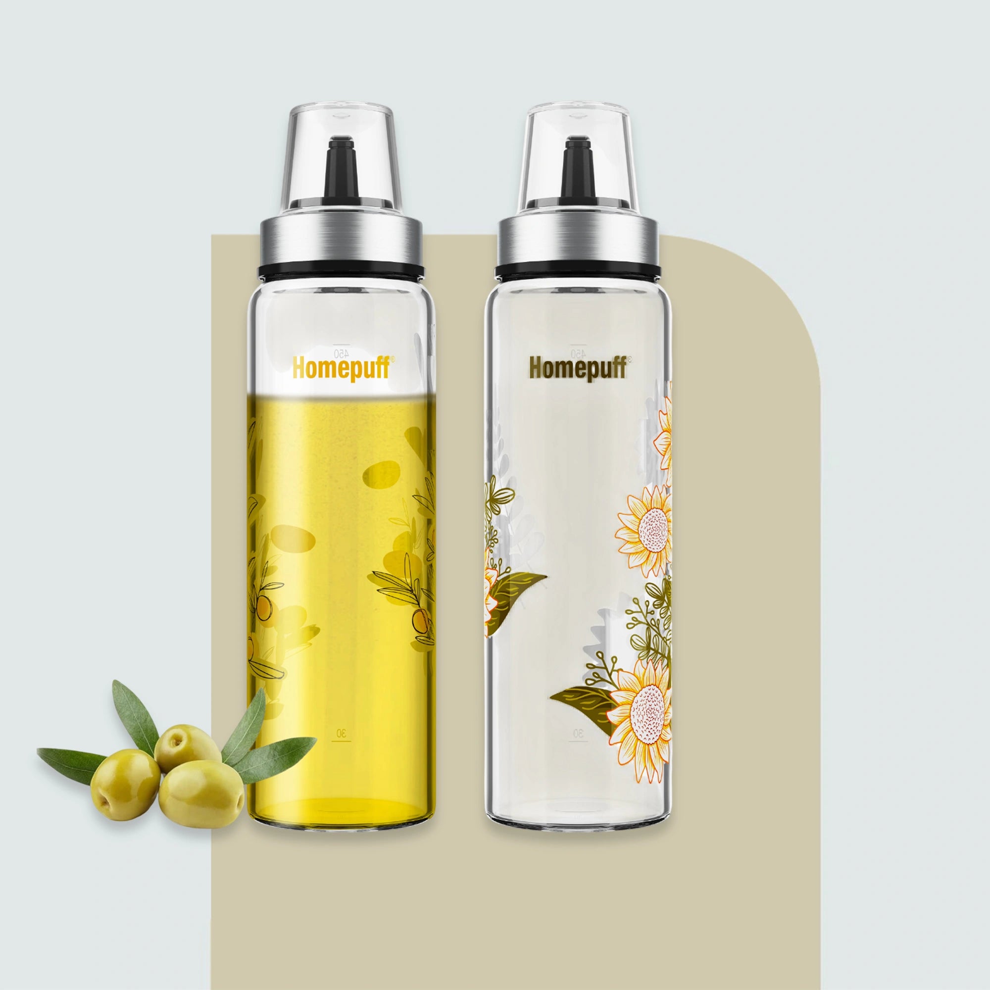 HomePuff’s 2-pack borosilicate oil dispenser bottles with no-drip spouts. Perfect for cooking oils, vinegar & sauces.