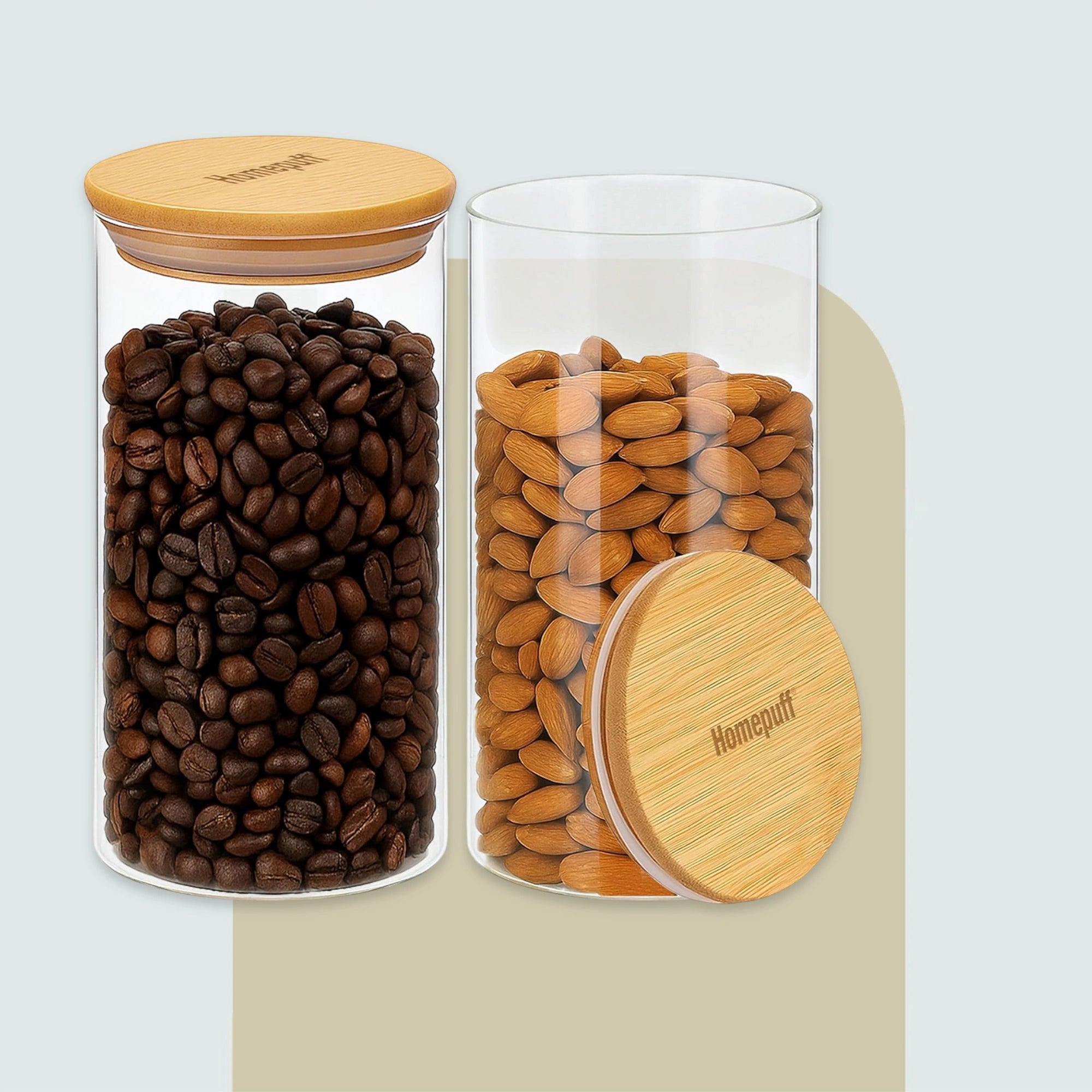 HomePuff borosilicate glass canisters set of 2 (750ml each) with airtight bamboo lids. Durable, BPA-free, wide-mouth glass food jars—perfect pantry storage for coffee, sugar & spices.