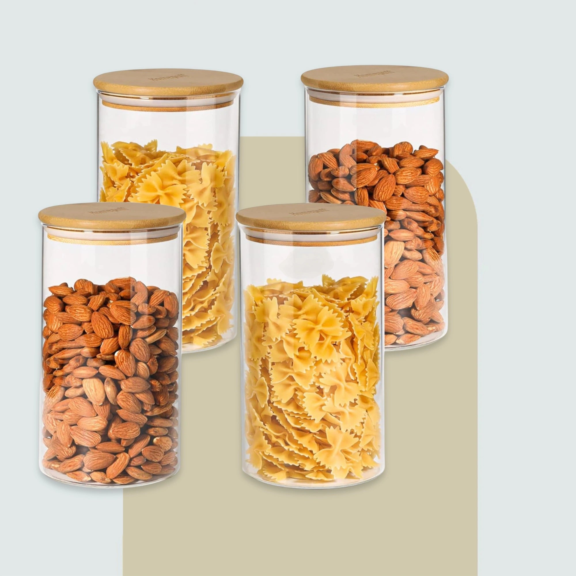 HomePuff’s borosilicate glass canisters set of 2 (750ml each) with airtight bamboo lids. Durable, BPA-free, wide-mouth jars—perfect for coffee, sugar & spices pantry storage.