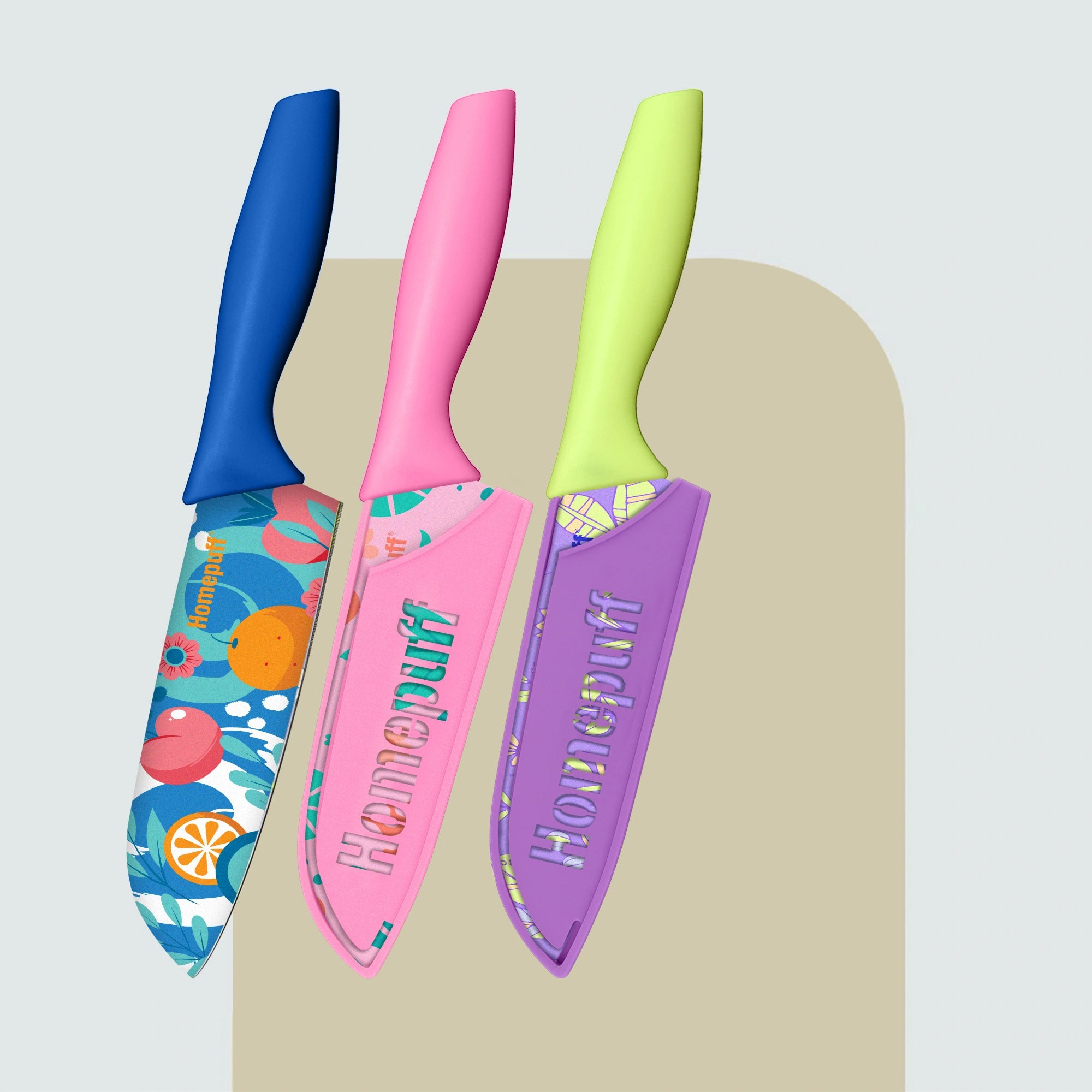 Homepuff's 3-piece kitchen knife set with sharp stainless steel blades, colorful coating, protective covers, and ergonomic non-slip handles. Perfect for chopping, slicing & meal prep.