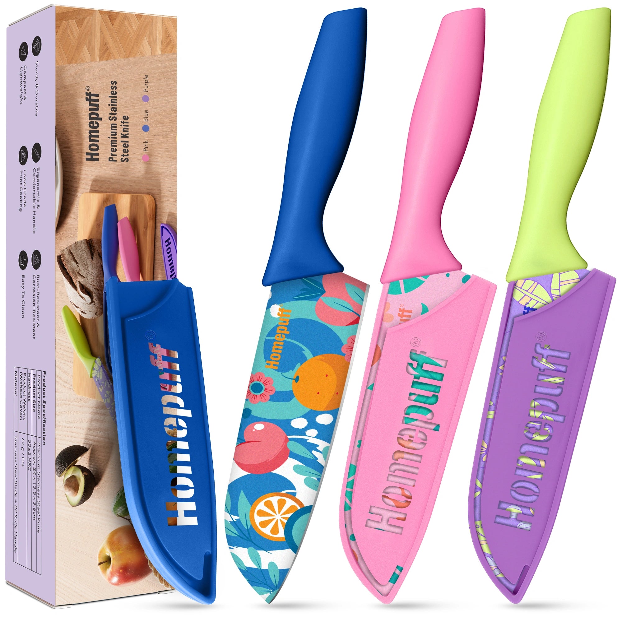 Homepuff's 3-piece kitchen knife set with sharp stainless steel blades, colorful coating, protective covers, and ergonomic non-slip handles. Perfect for chopping, slicing & meal prep.
