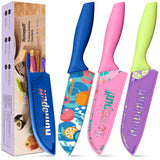 Homepuff's 3-piece kitchen knife set with sharp stainless steel blades, colorful coating, protective covers, and ergonomic non-slip handles. Perfect for chopping, slicing & meal prep.