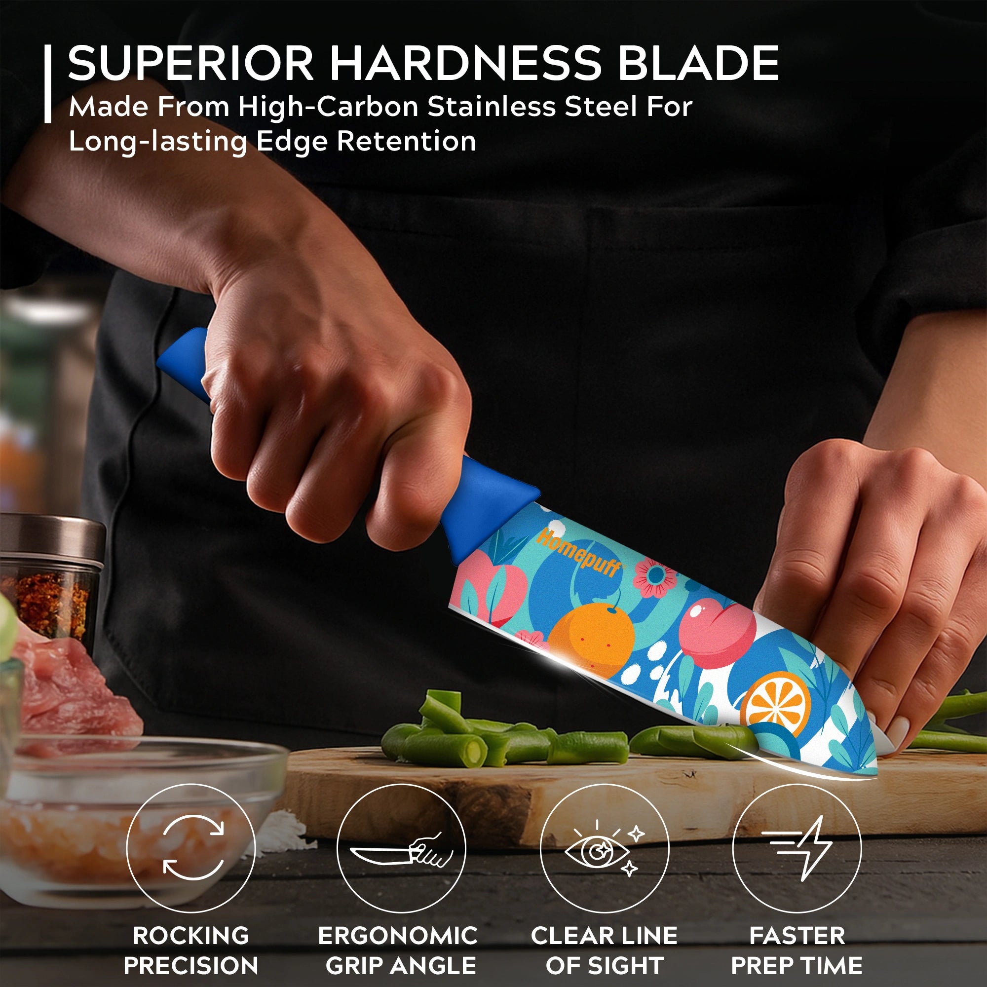 Homepuff's 3-piece kitchen knife set with sharp stainless steel blades, colorful coating, protective covers, and ergonomic non-slip handles. Perfect for chopping, slicing & meal prep.