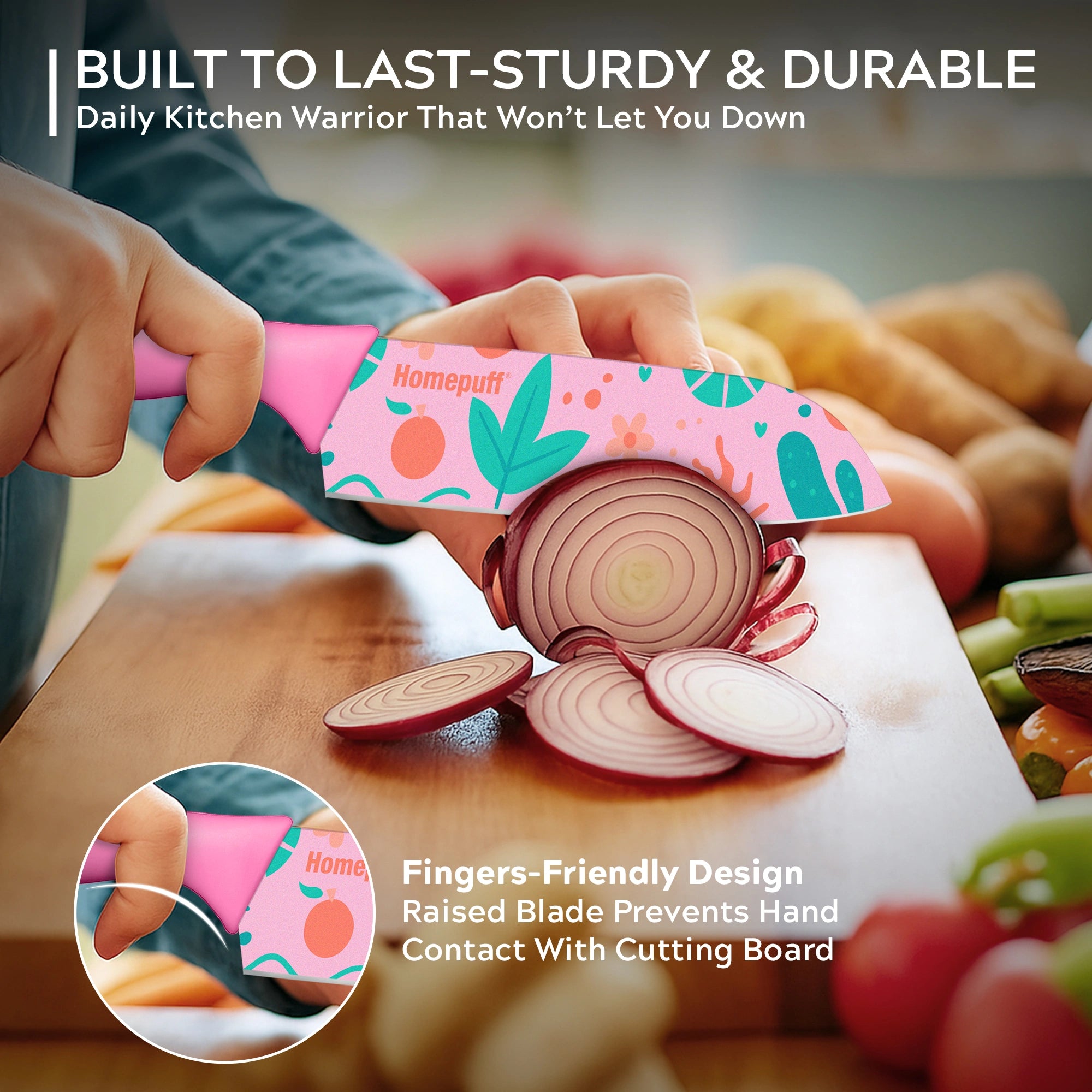 Homepuff's 3-piece kitchen knife set with sharp stainless steel blades, colorful coating, protective covers, and ergonomic non-slip handles. Perfect for chopping, slicing & meal prep.