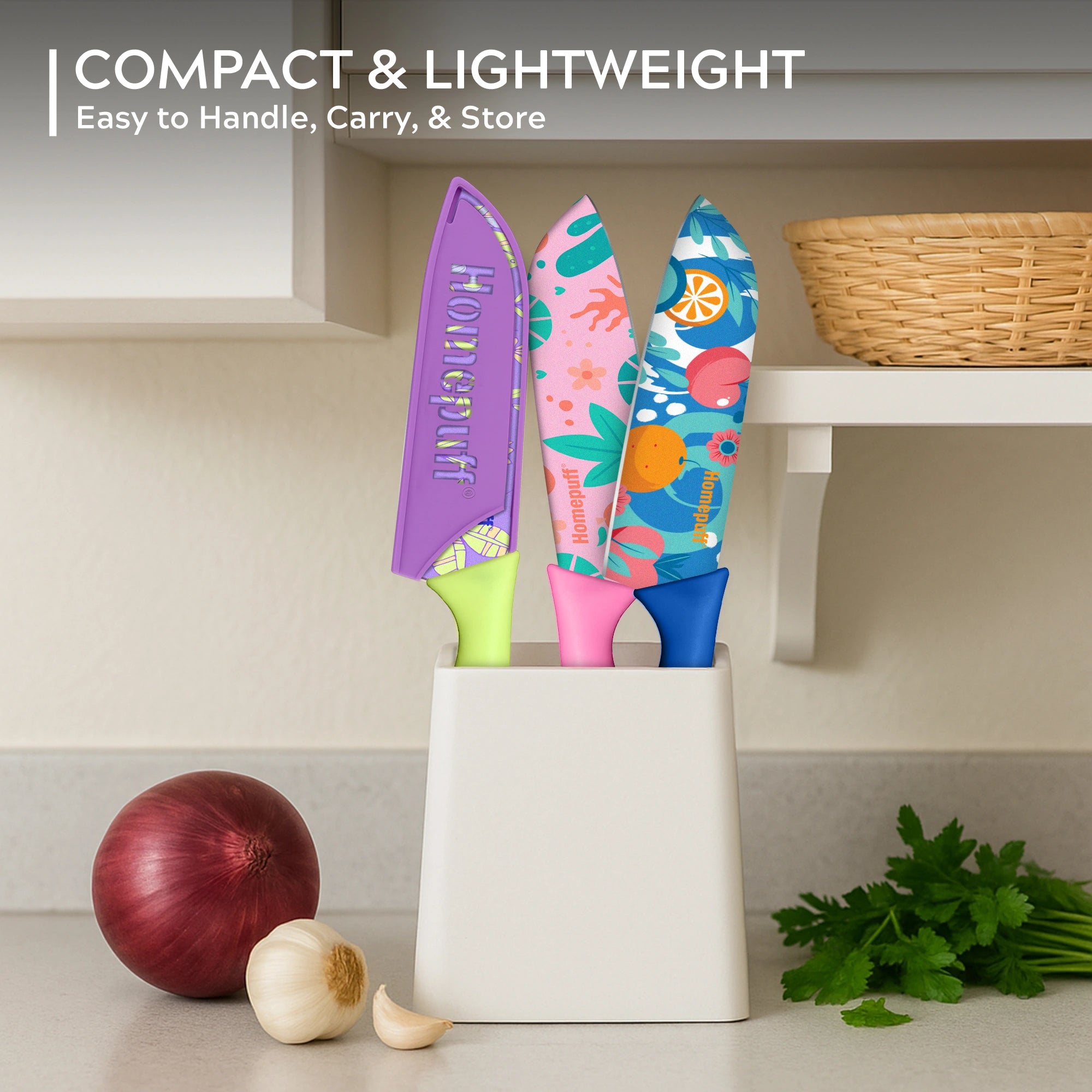 Homepuff's 3-piece kitchen knife set with sharp stainless steel blades, colorful coating, protective covers, and ergonomic non-slip handles. Perfect for chopping, slicing & meal prep.