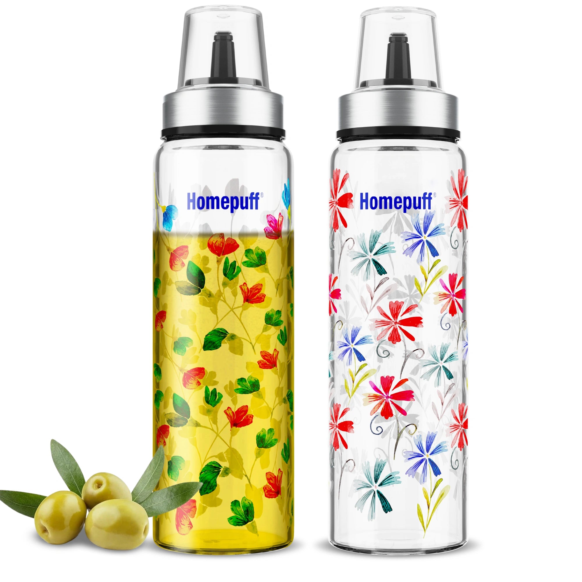 HomePuff borosilicate glass oil dispenser bottles set of 2 with pastel floral design and leak-proof no-drip spouts, 500ml each