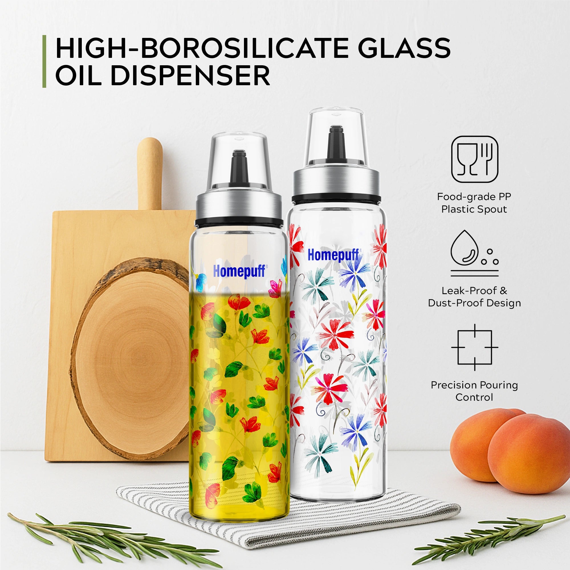 HomePuff borosilicate glass oil dispenser bottles set of 2 with pastel floral design and leak-proof no-drip spouts, 500ml each