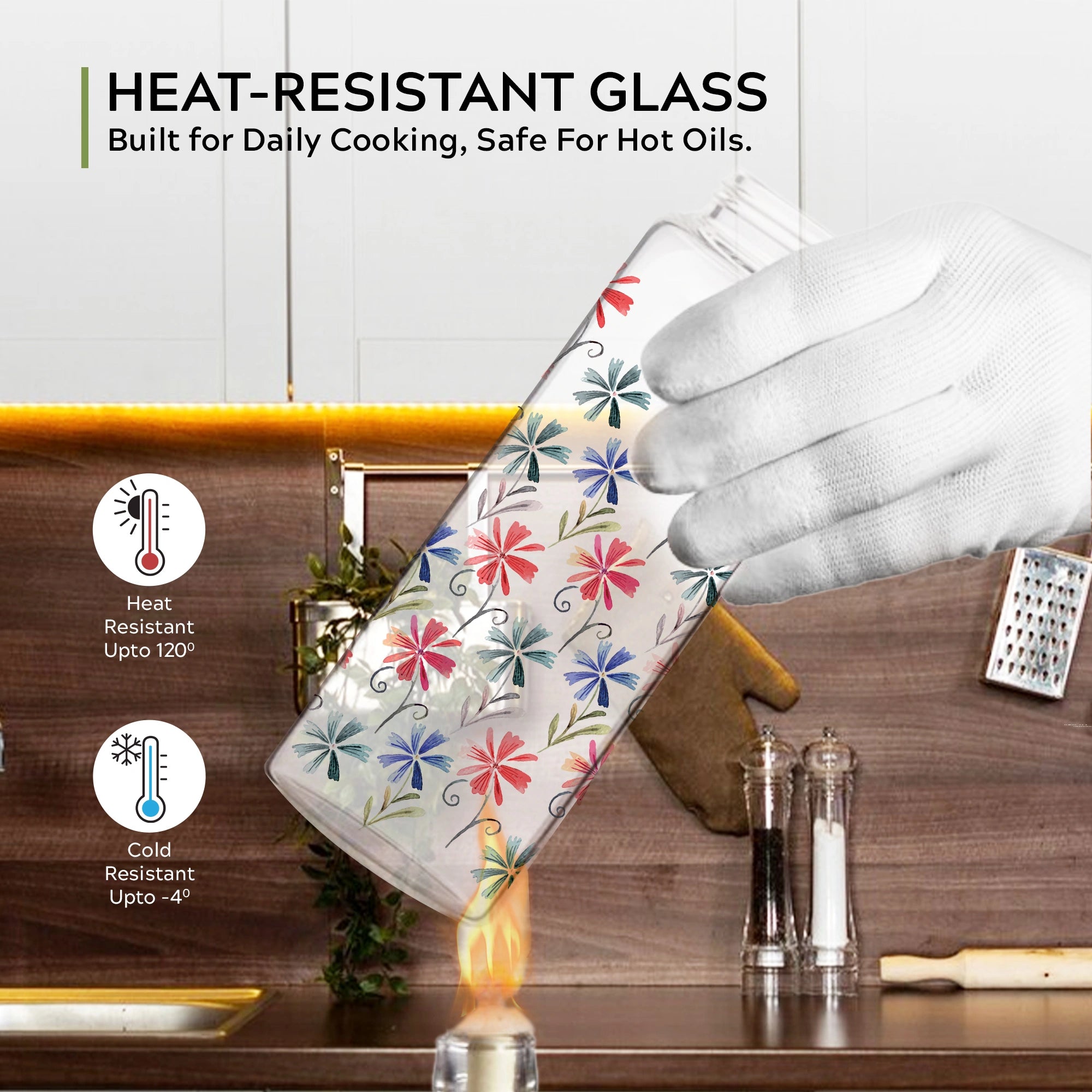 HomePuff borosilicate glass oil dispenser bottles set of 2 with pastel floral design and leak-proof no-drip spouts, 500ml each