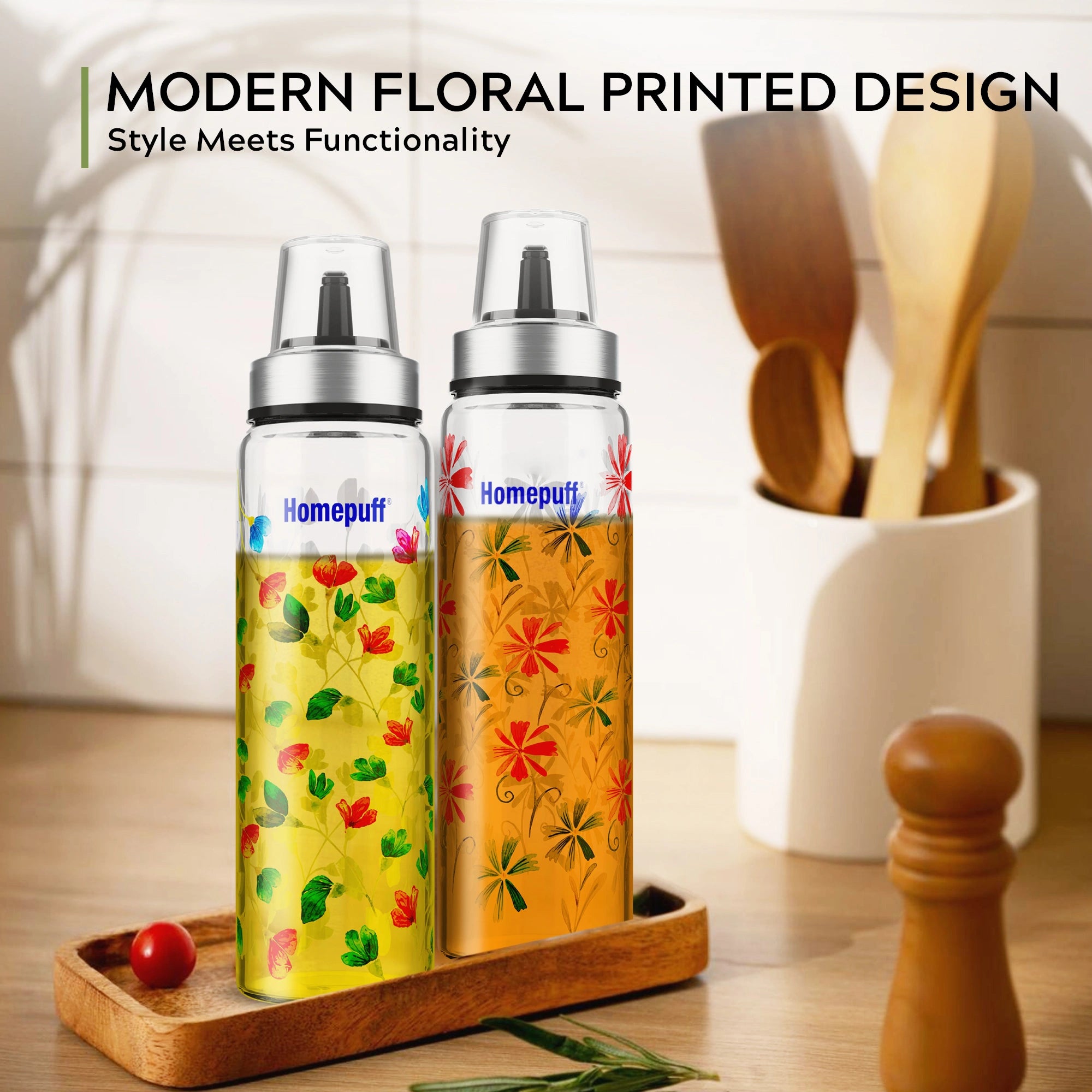 HomePuff borosilicate glass oil dispenser bottles set of 2 with pastel floral design and leak-proof no-drip spouts, 500ml each