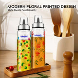 HomePuff borosilicate glass oil dispenser bottles set of 2 with pastel floral design and leak-proof no-drip spouts, 500ml each