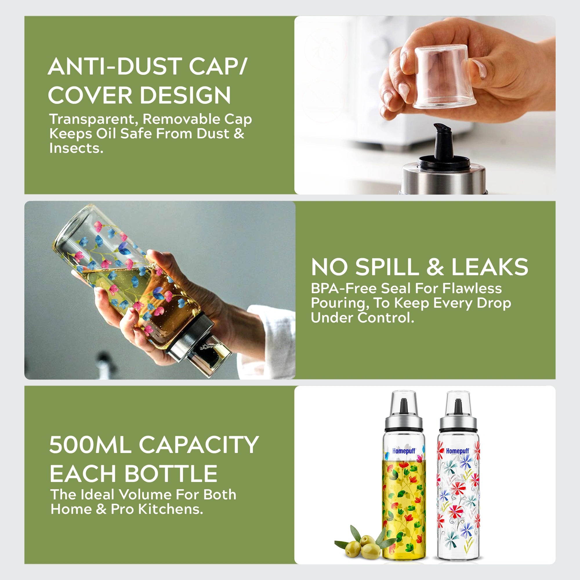 HomePuff borosilicate glass oil dispenser bottles set of 2 with pastel floral design and leak-proof no-drip spouts, 500ml each