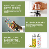 HomePuff borosilicate glass oil dispenser bottles set of 2 with pastel floral design and leak-proof no-drip spouts, 500ml each