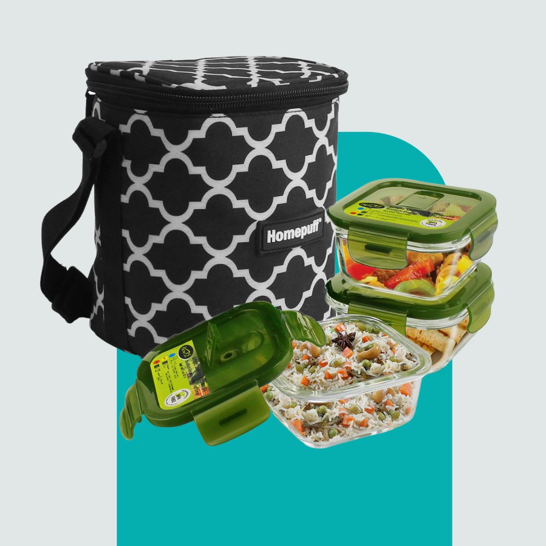 Glass Lunch Box- Set of 3- SQUARE - 320 ML (Black)