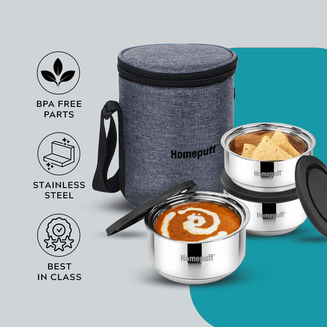 Steel Lunch Box- Set of 3 (2 X 325ml + 1 X 225ml)