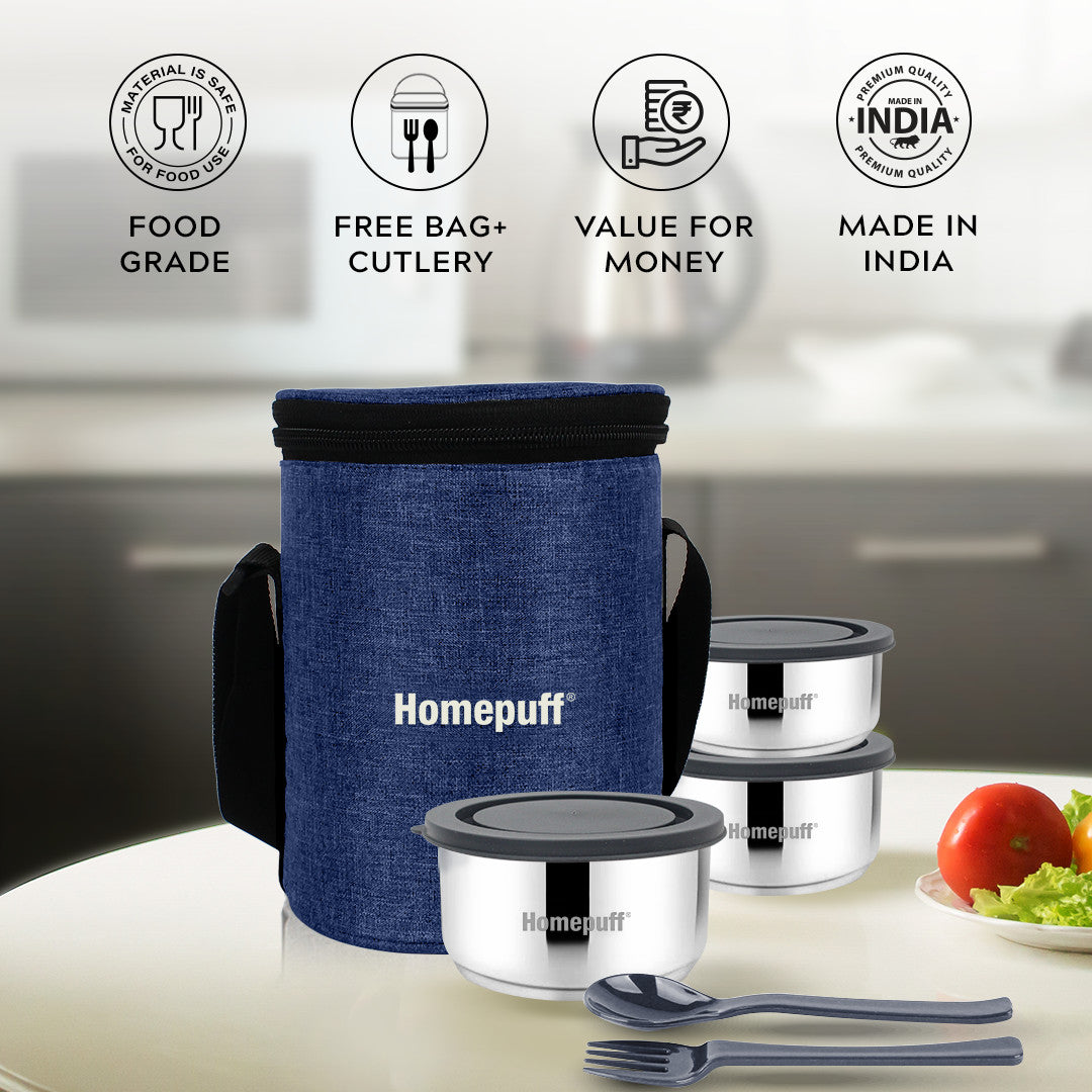 Steel Lunch Box- Set of 3 (2 X 325ml + 1 X 225ml)