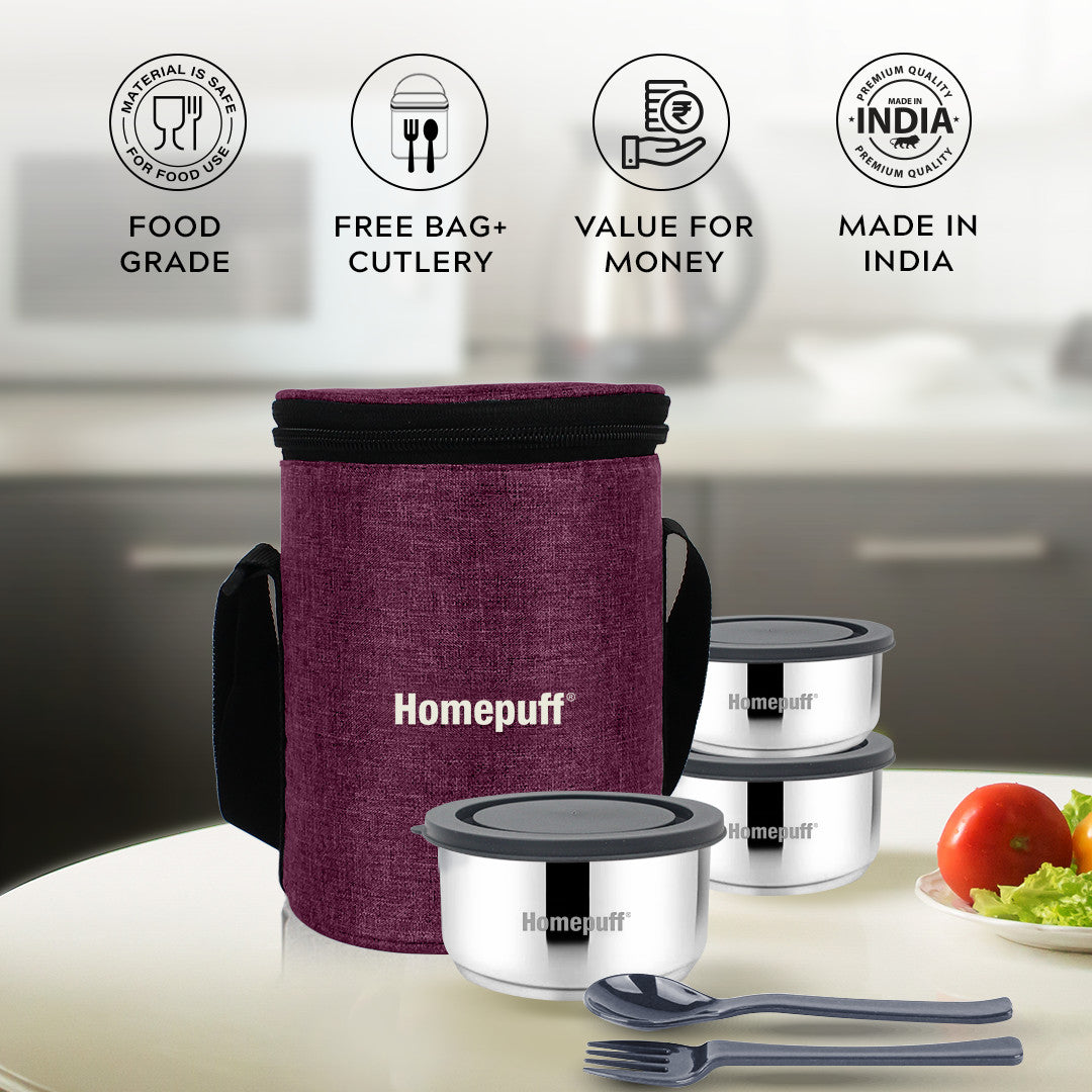 Steel Lunch Box- Set of 3 (2 X 325ml + 1 X 225ml)