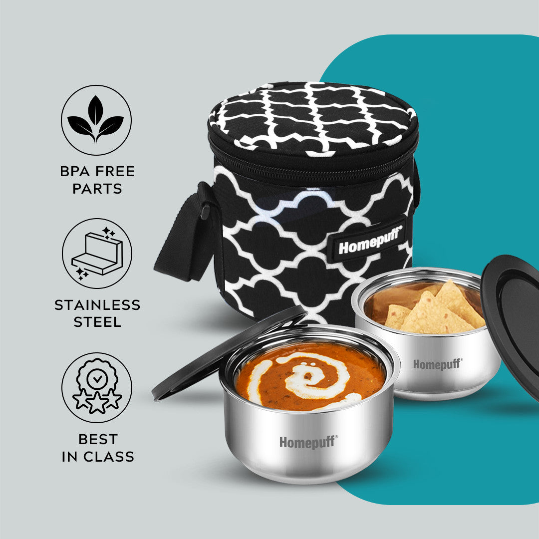 Steel Lunch Box- Set of 2, with Bag- Black