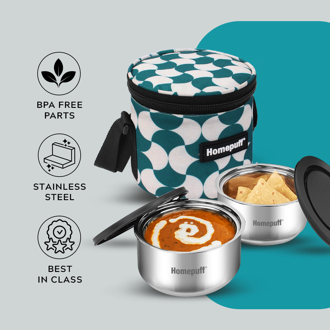Steel Lunch Box- Set of 2, with Bag - Teal
