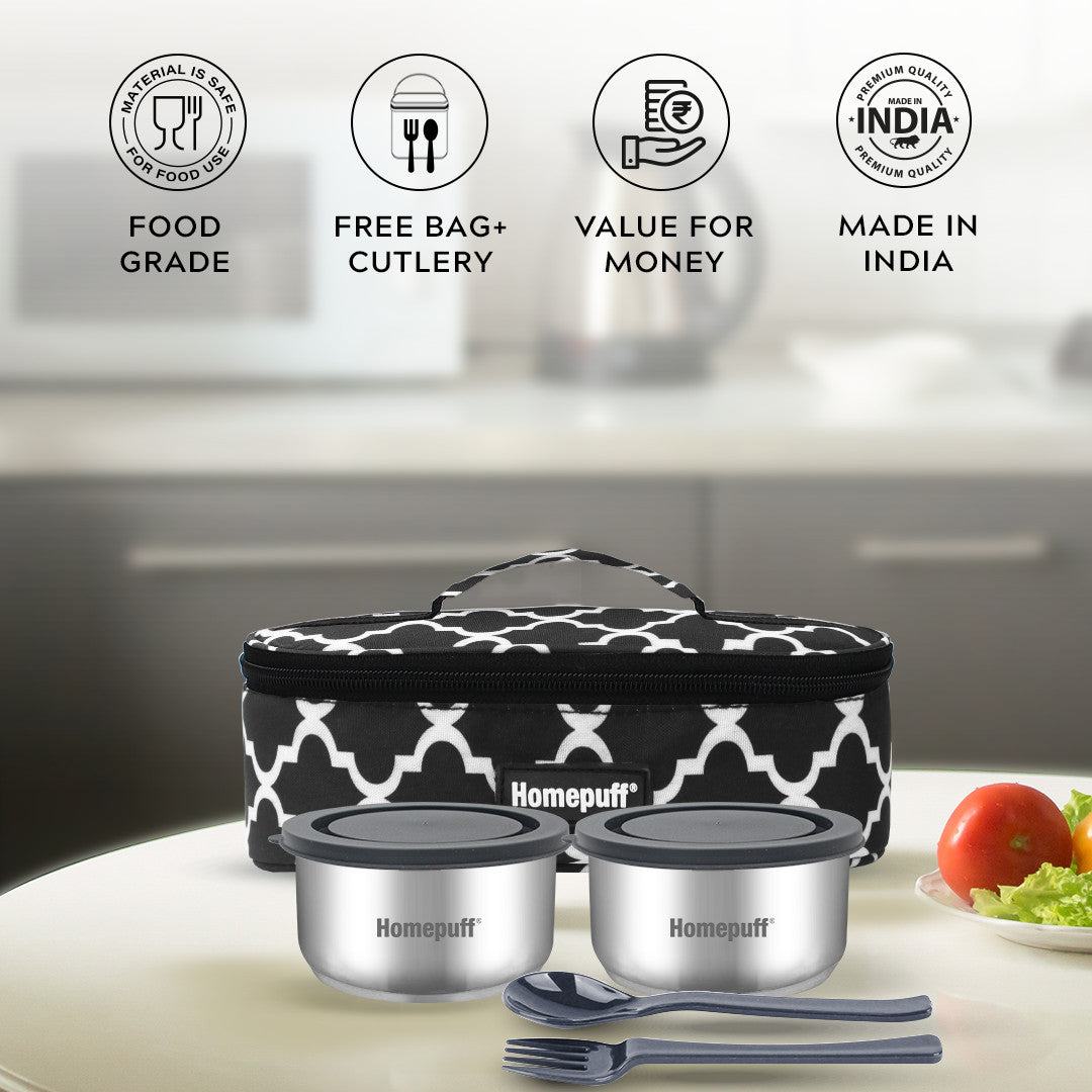 Steel Lunch Box- Set of 2, with Bag- Black