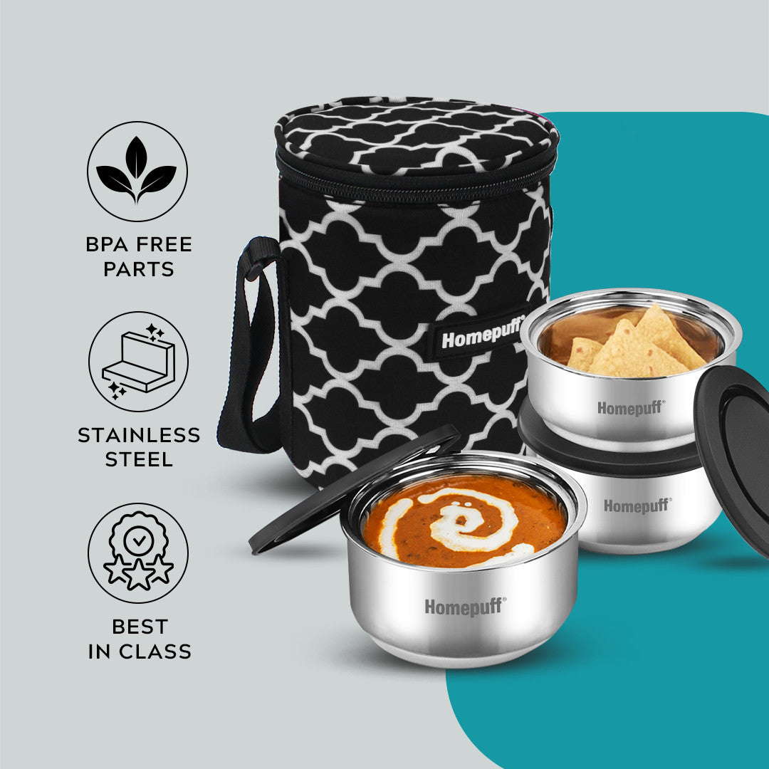 Steel Lunch Box- Set of 3, with Bag- Black