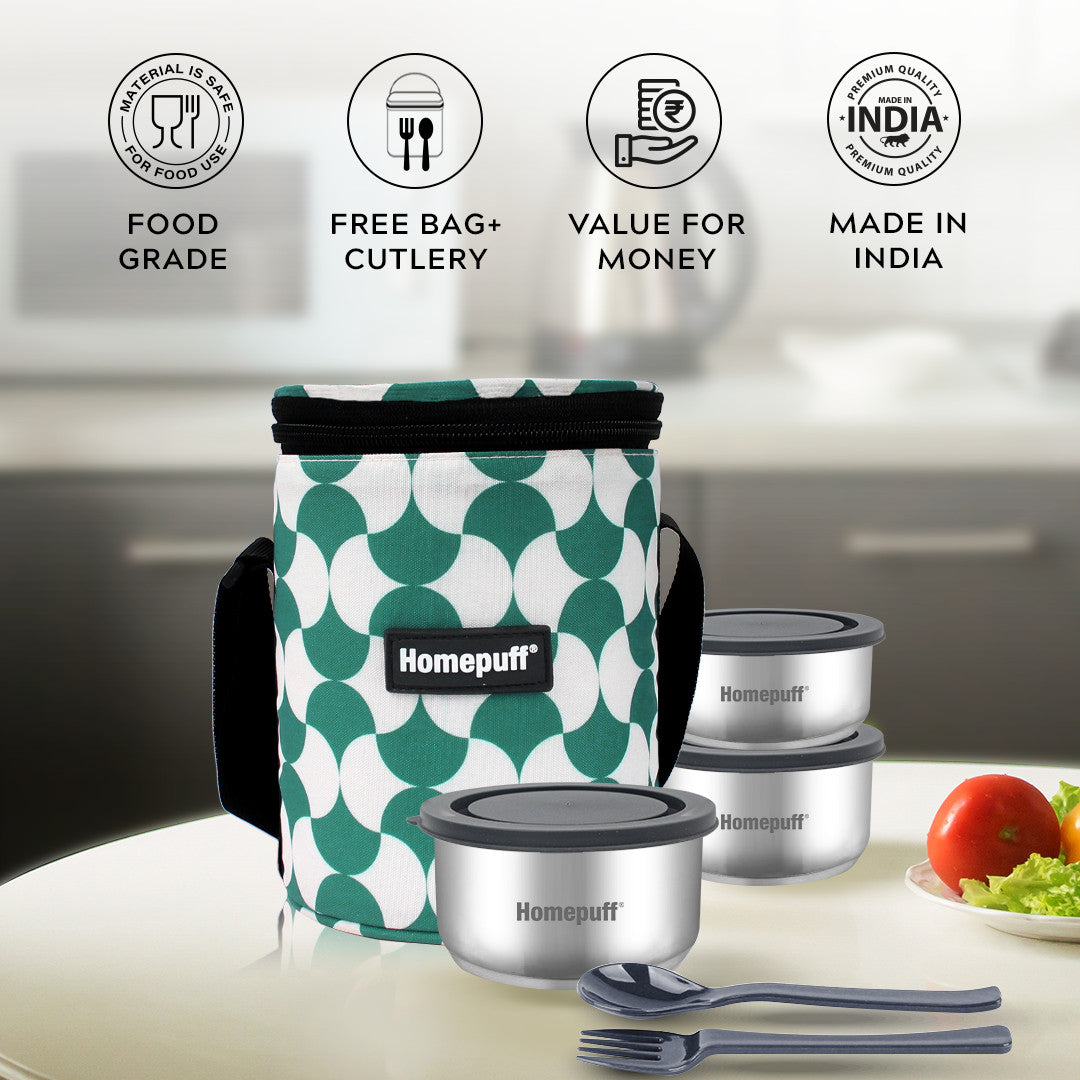 Steel Lunch Box- Set of 3, with Bag- grey