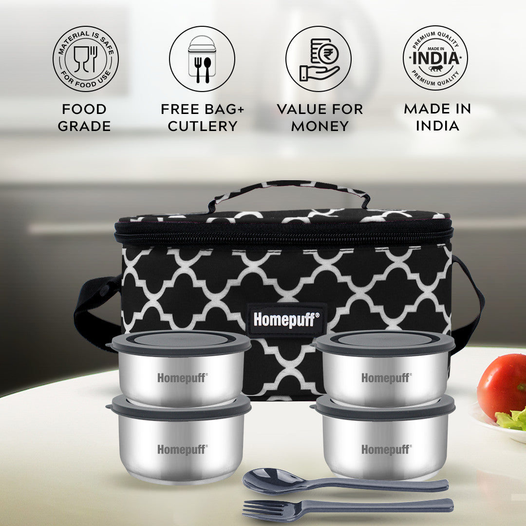 Steel Lunch Box- Set of 4, with Bag- Black