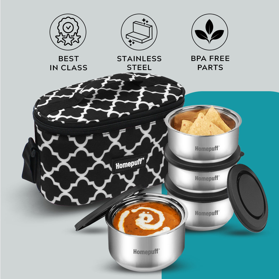 Steel Lunch Box- Set of 4, with Bag- Black