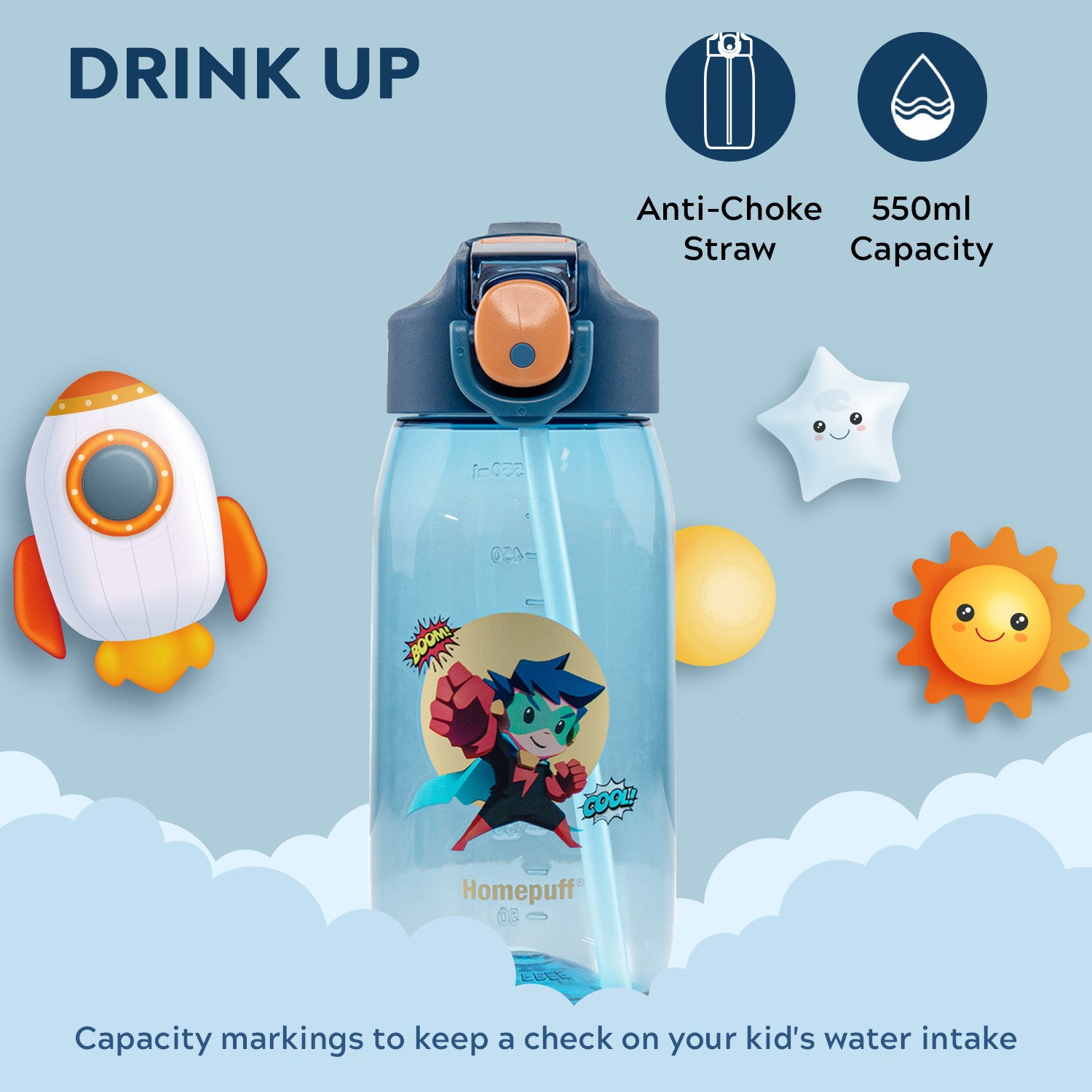 Rio Kids Water Bottle, 550ml, Blue