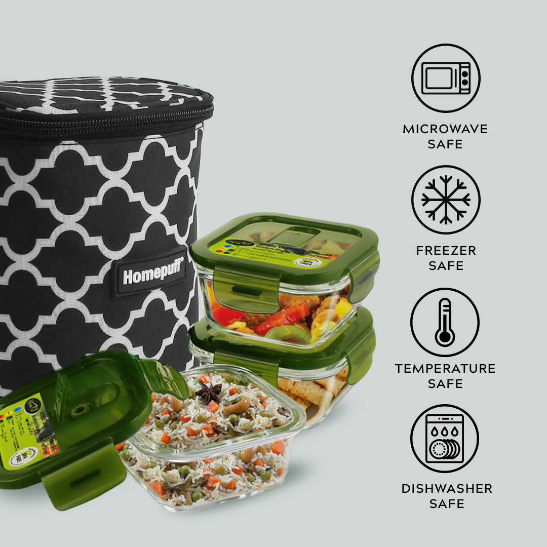 Glass Lunch Box- Set of 3- SQUARE - 320 ML (Black)