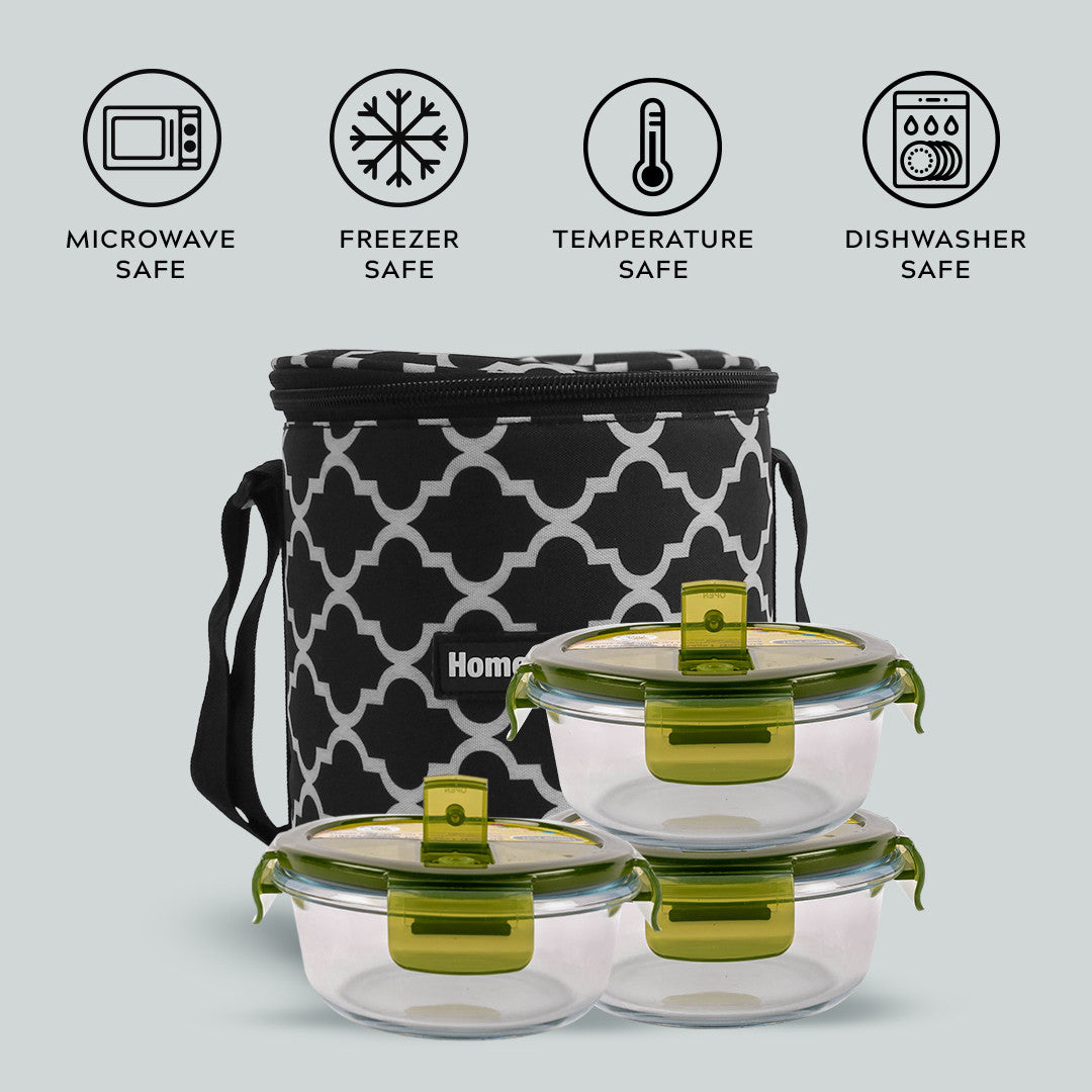 Glass Lunch Box- Set of 3- ROUND - 400 ML (Black)