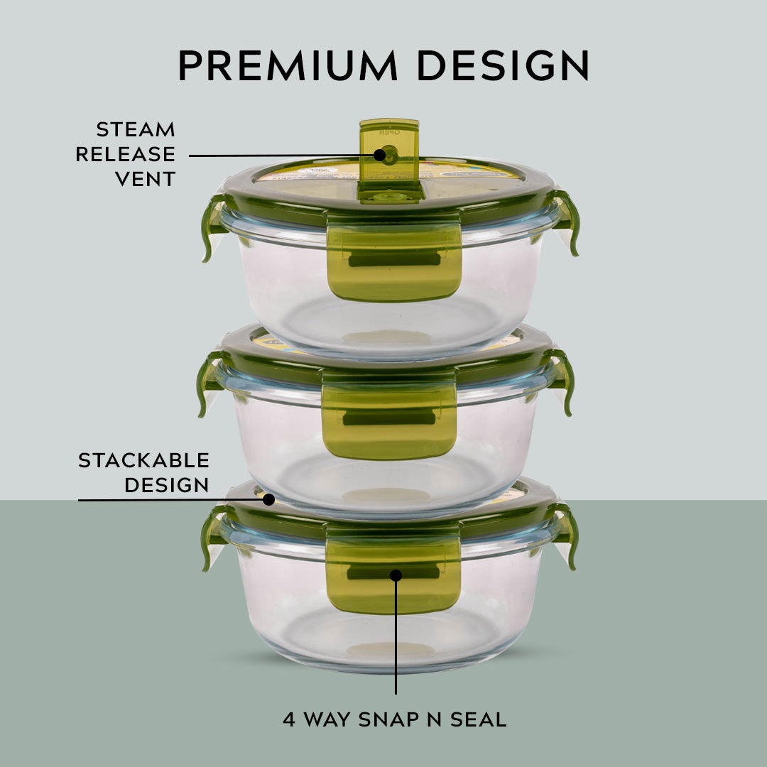 Glass Lunch Box- Set of 3- ROUND - 400 ML (Black)
