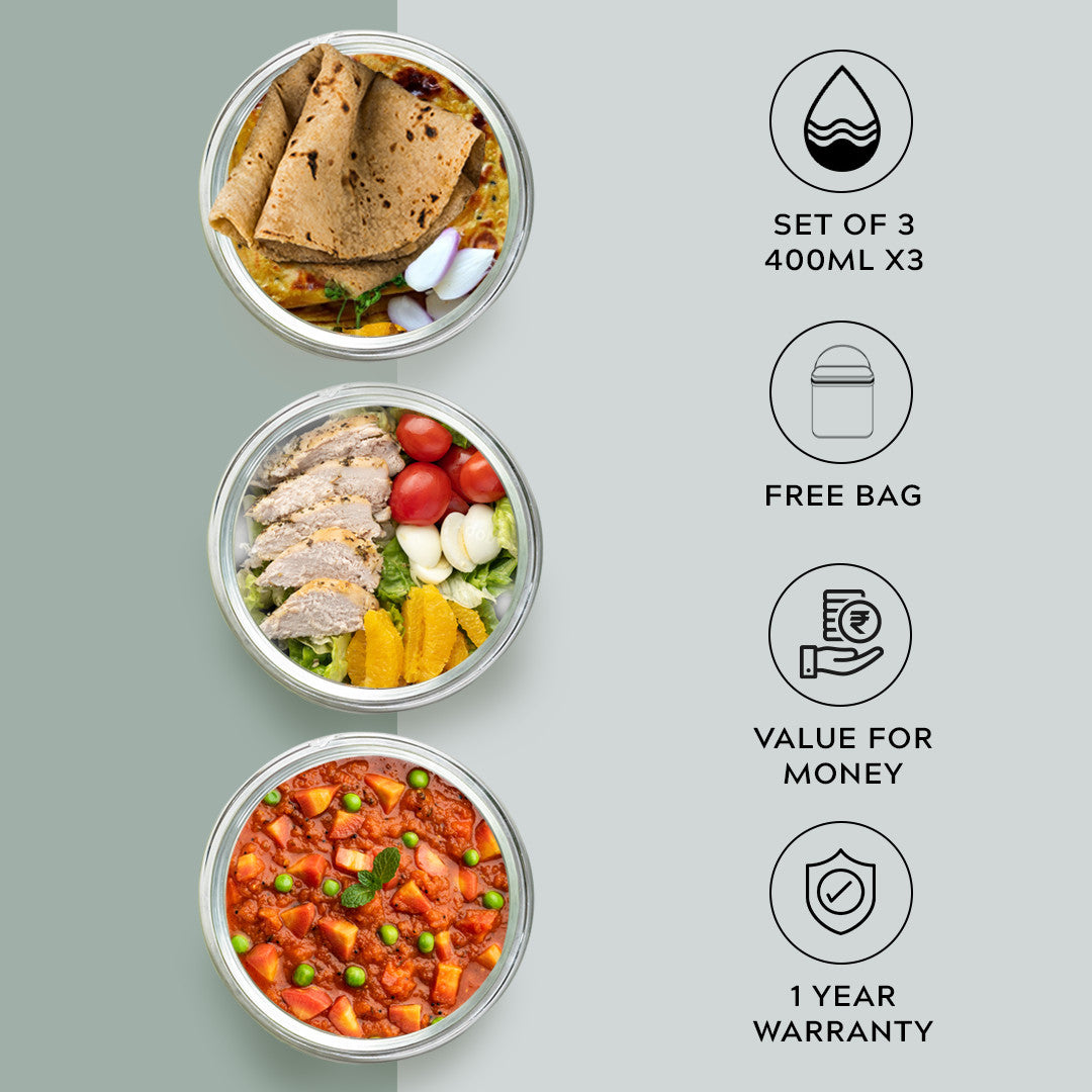 Glass Lunch Box- Set of 3- ROUND - 400 ML (Black)